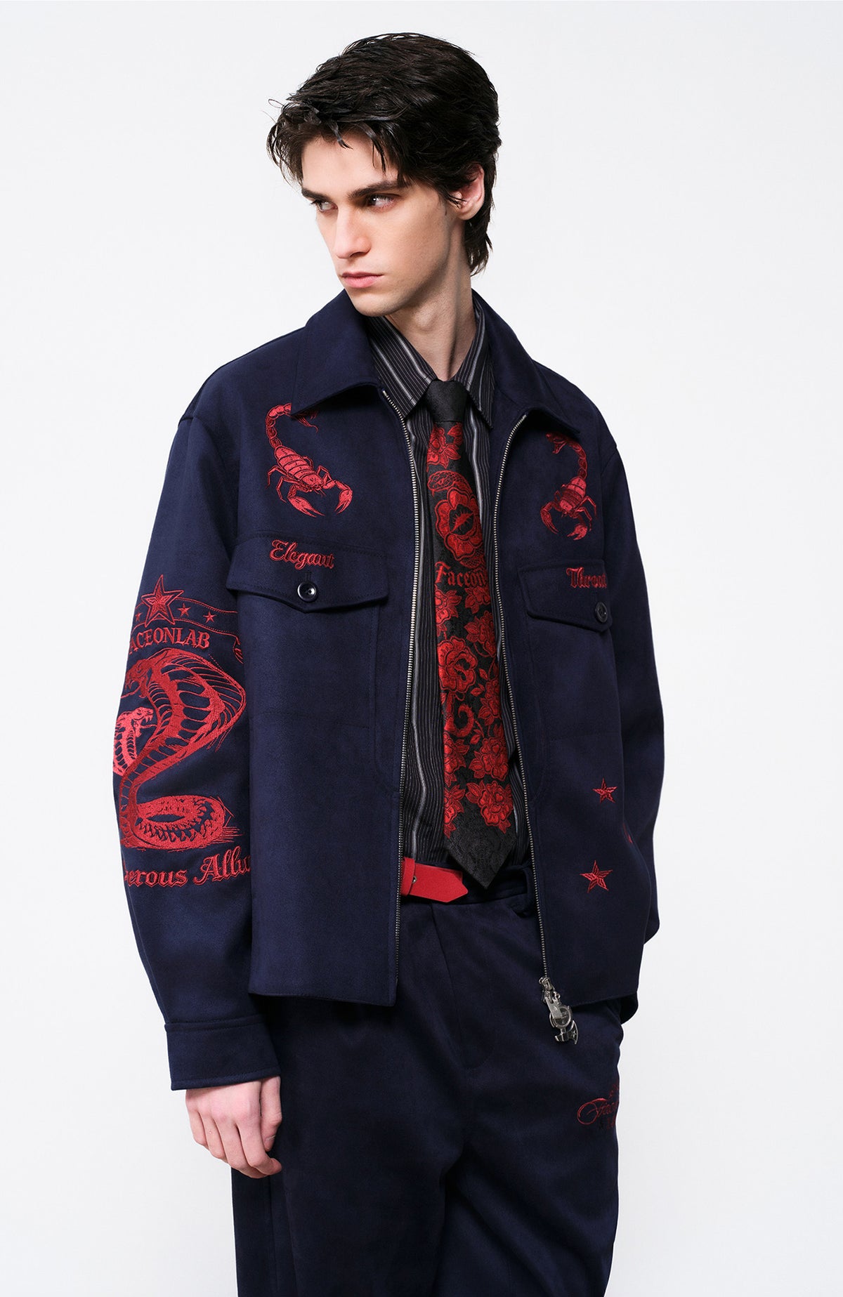 FACEONLAB Embroidered Faux Leather Jacket
