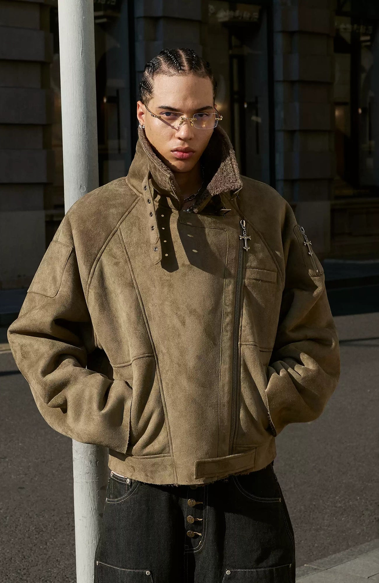 STEEPC Asym Zip Suede Shearling Jacket