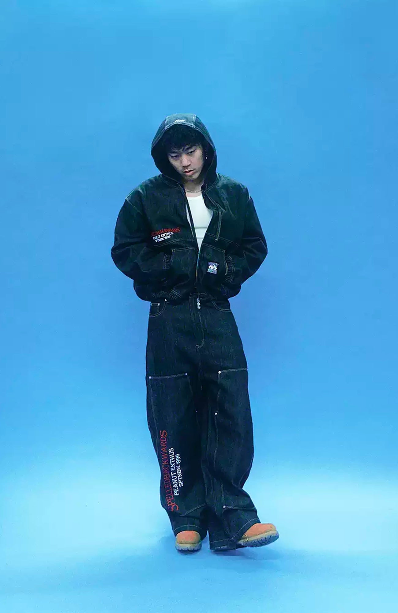 EVETS Raw Denim Embroidered Utility Zip Hoodie, premium urban and streetwear designers apparel on PROJECTISR.com, EVETS