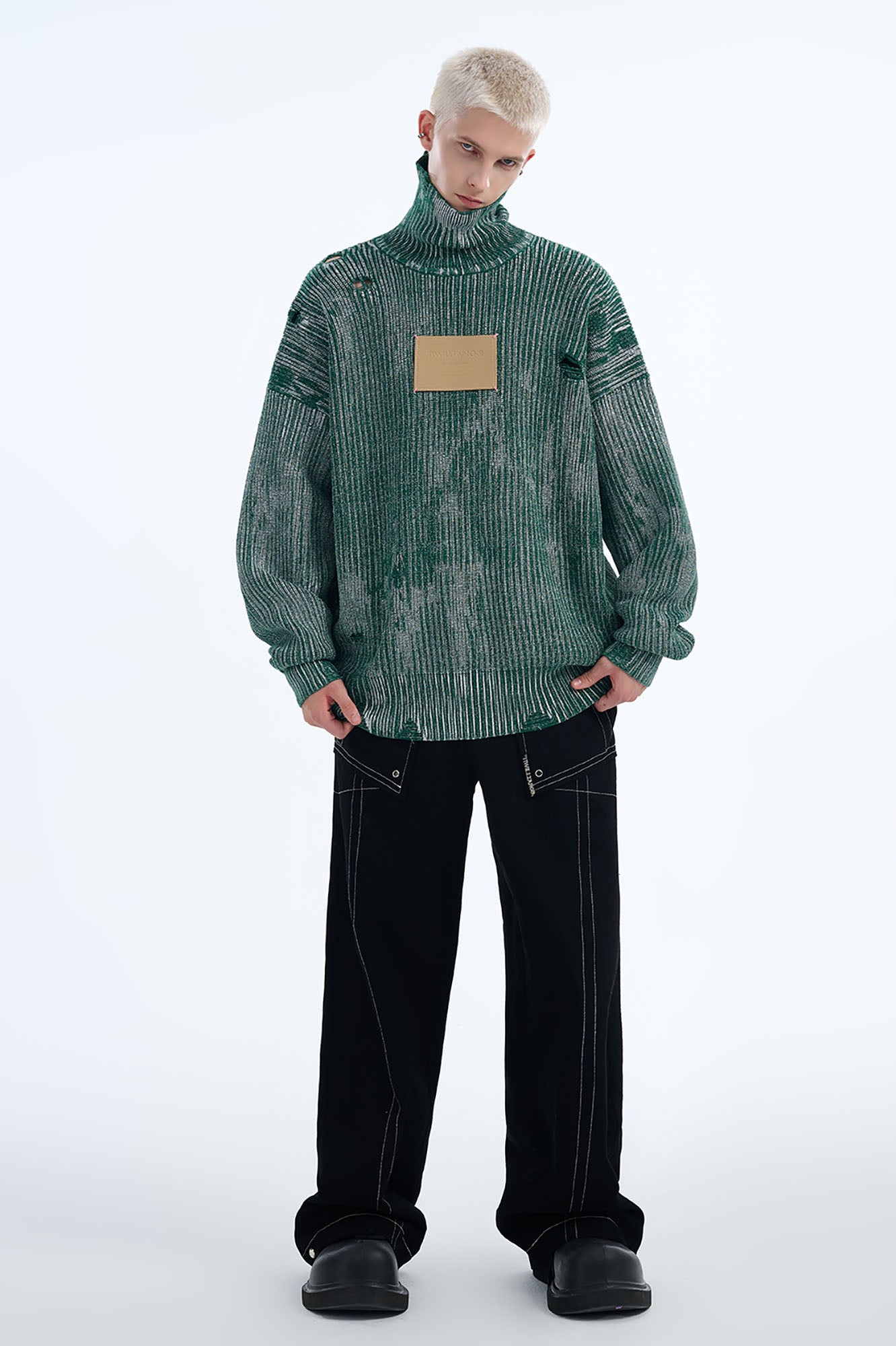 TIWILLTANG Distressed Foil High-Neck Sweater