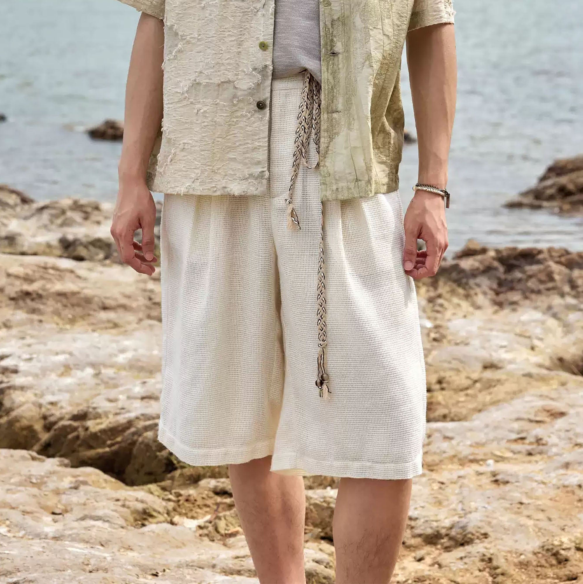 ALVNG AR ANTS Textured Mesh Pleated Braided Tassel Belt Shorts, premium urban and streetwear designers apparel on PROJECTISR.com, ALVNG AR ANTS
