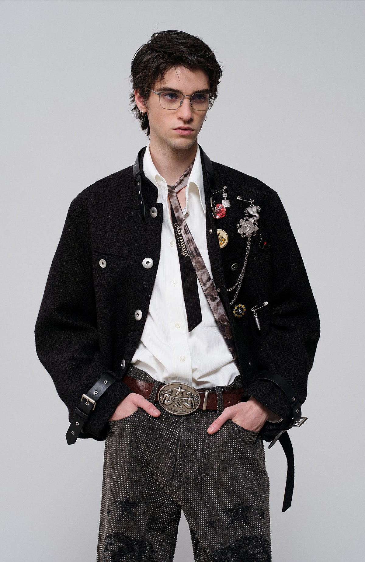 FACEONLAB Leather-Collar Medal Embellished Jacket