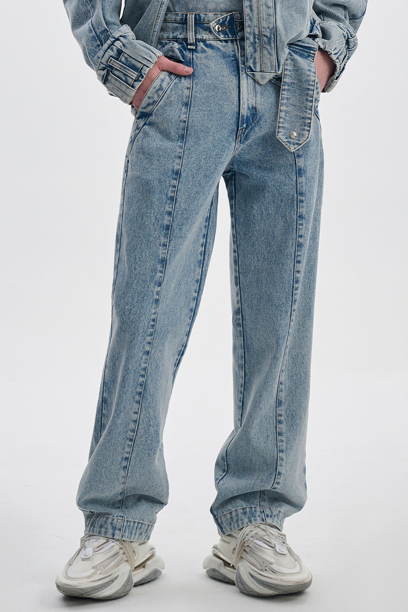 TIWILLTANG Washed Middle Panel Straight-Leg Jeans