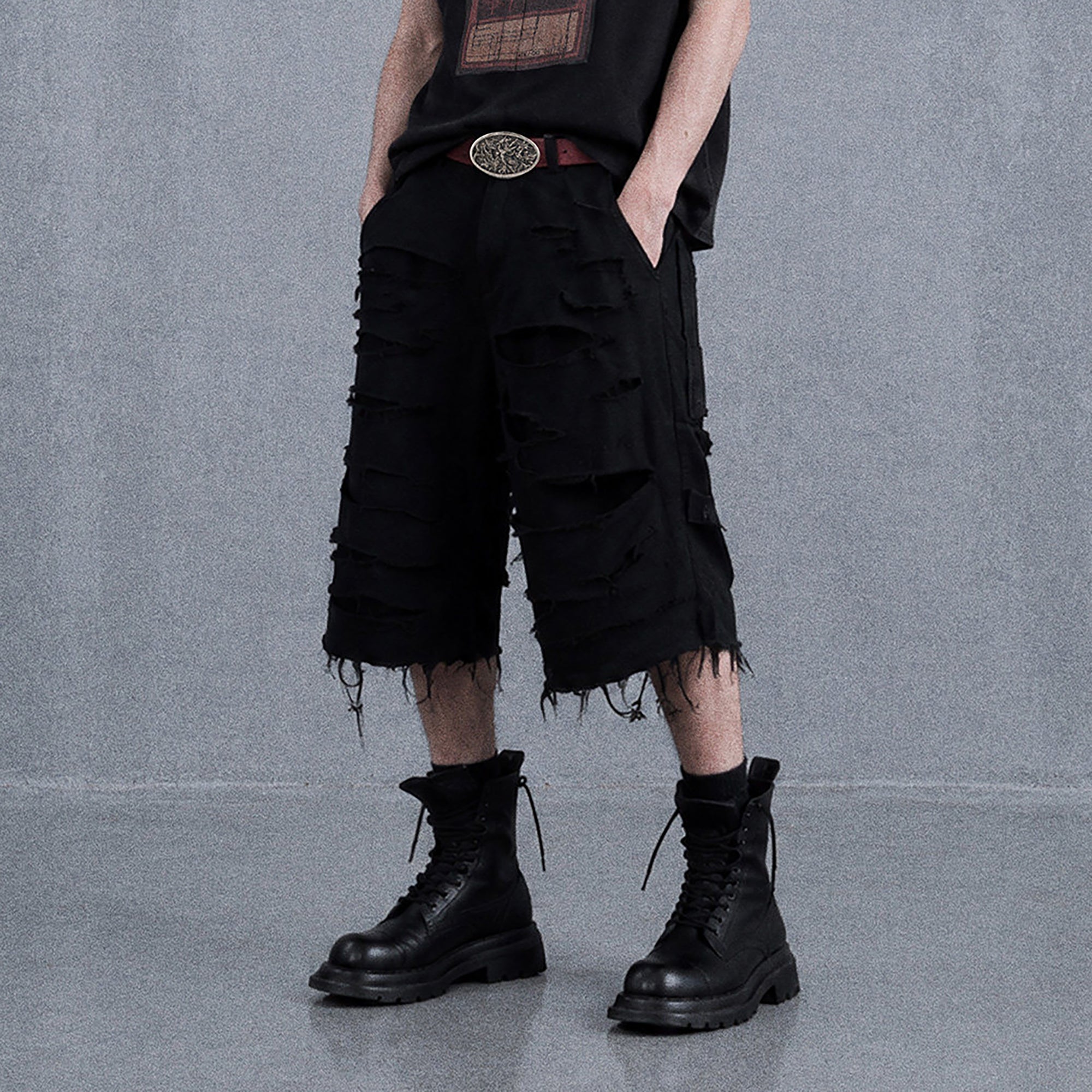 UNDERWATER Distressed Raw Edge Denim Shorts