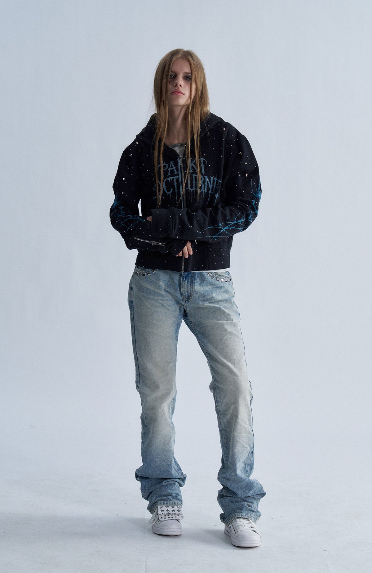 PAIKI Studded Rhinestone Zip-Up Hoodie