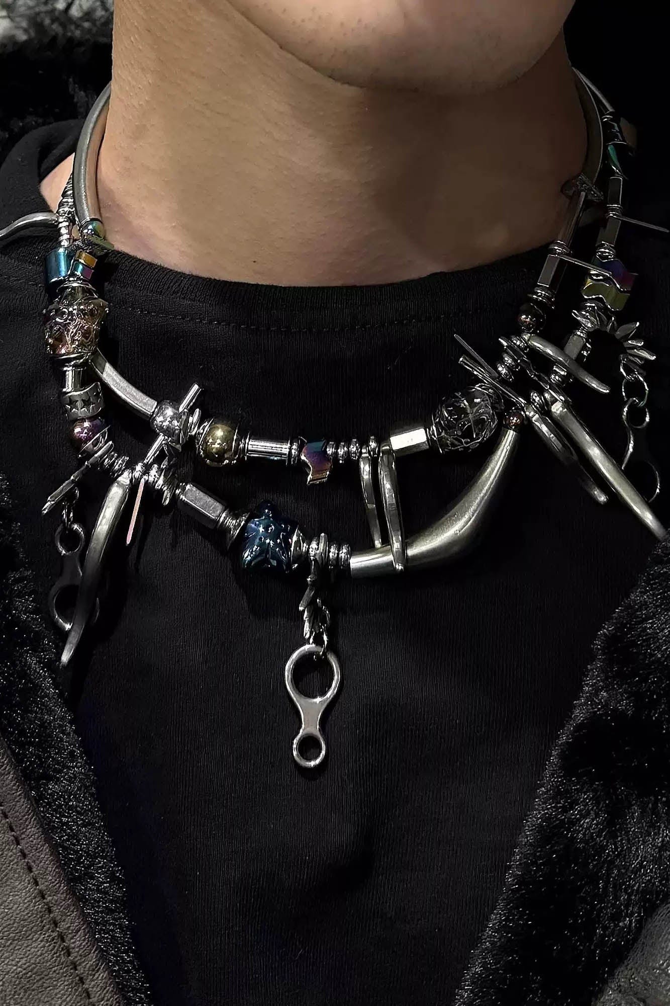 ILLUSORY Wavy Spliced Hardware Beaded Necklace, premium urban and streetwear designers apparel on PROJECTISR.com, ILLUSORY