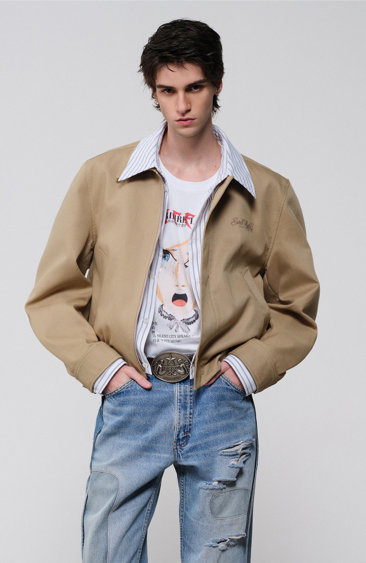 FACEONLAB Embroidered Spliced Shirt Jacket