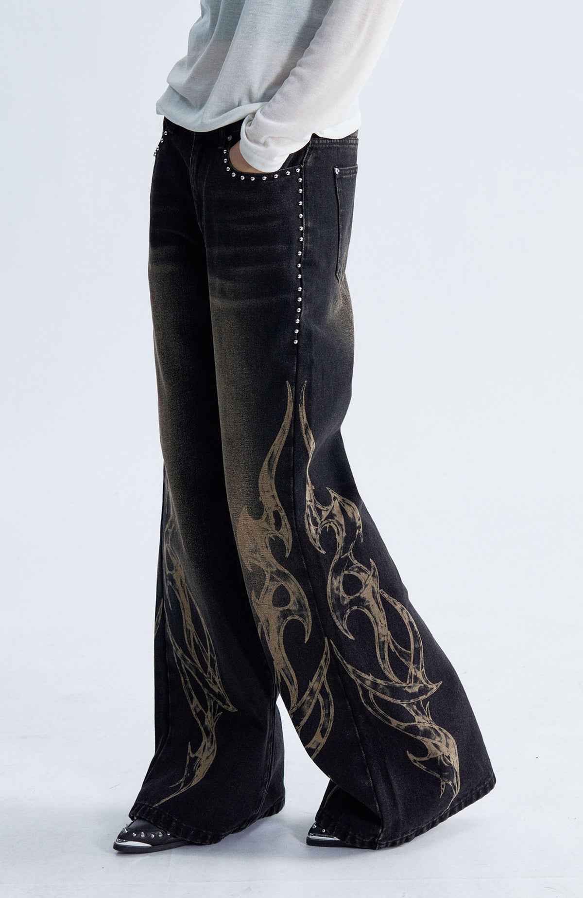 PAIKI Flame Totem Rivet Washed Straight-Leg Jeans