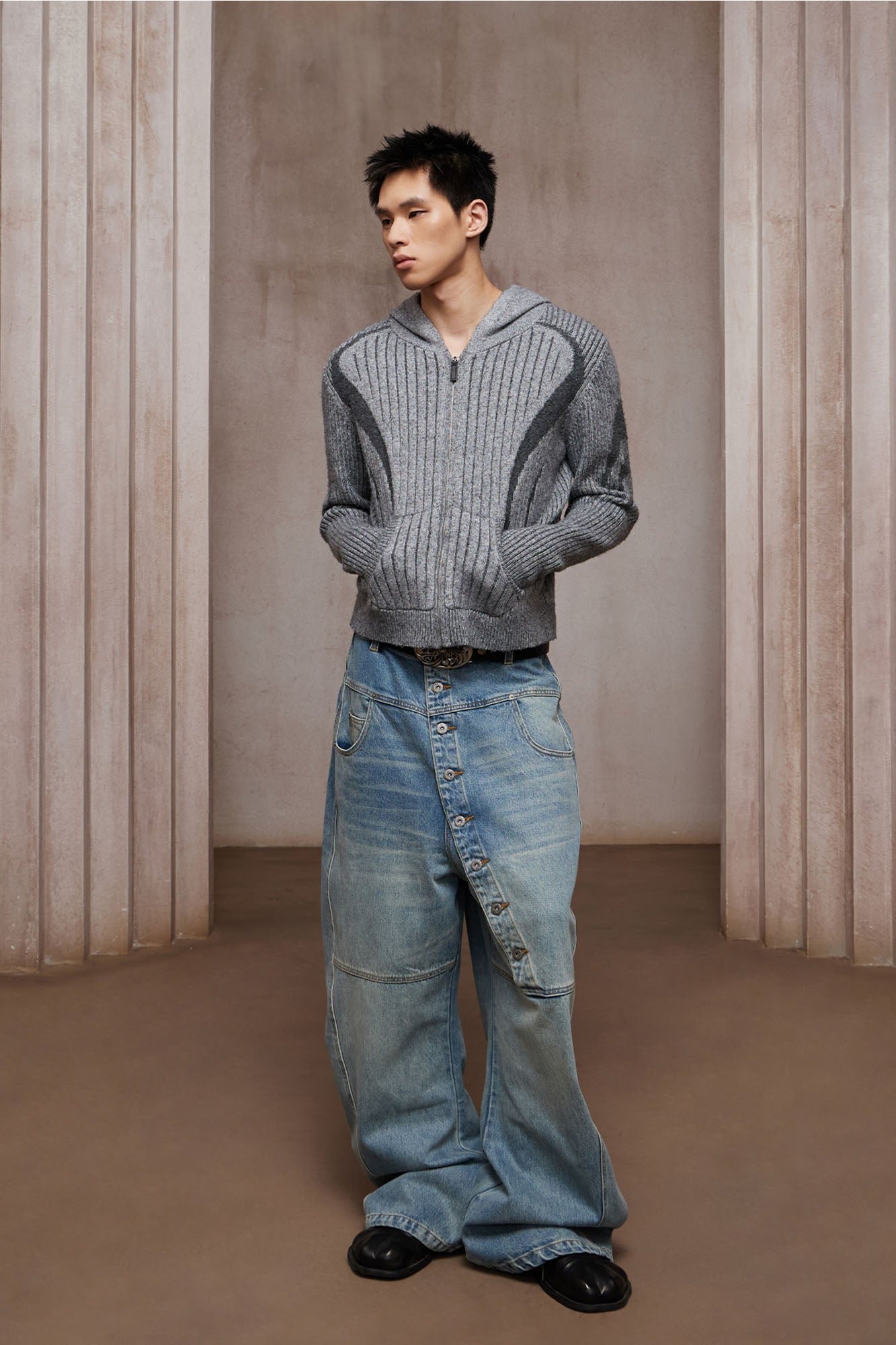 DND4DES Contrast Wool-Blend Hooded Zip Cardigan