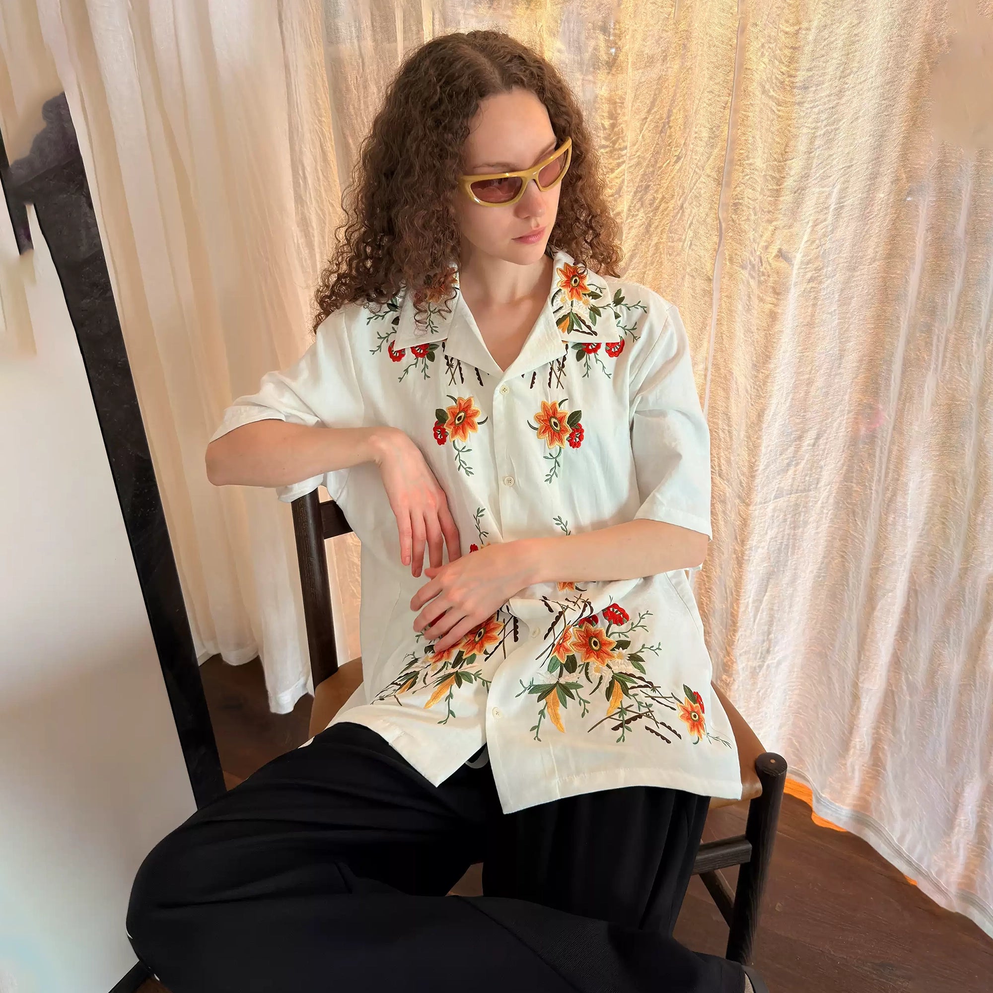 ミューラル　Framed embroidery wrap shirt　24AW MIICHOUS Botanical Embroidered Half Shirt