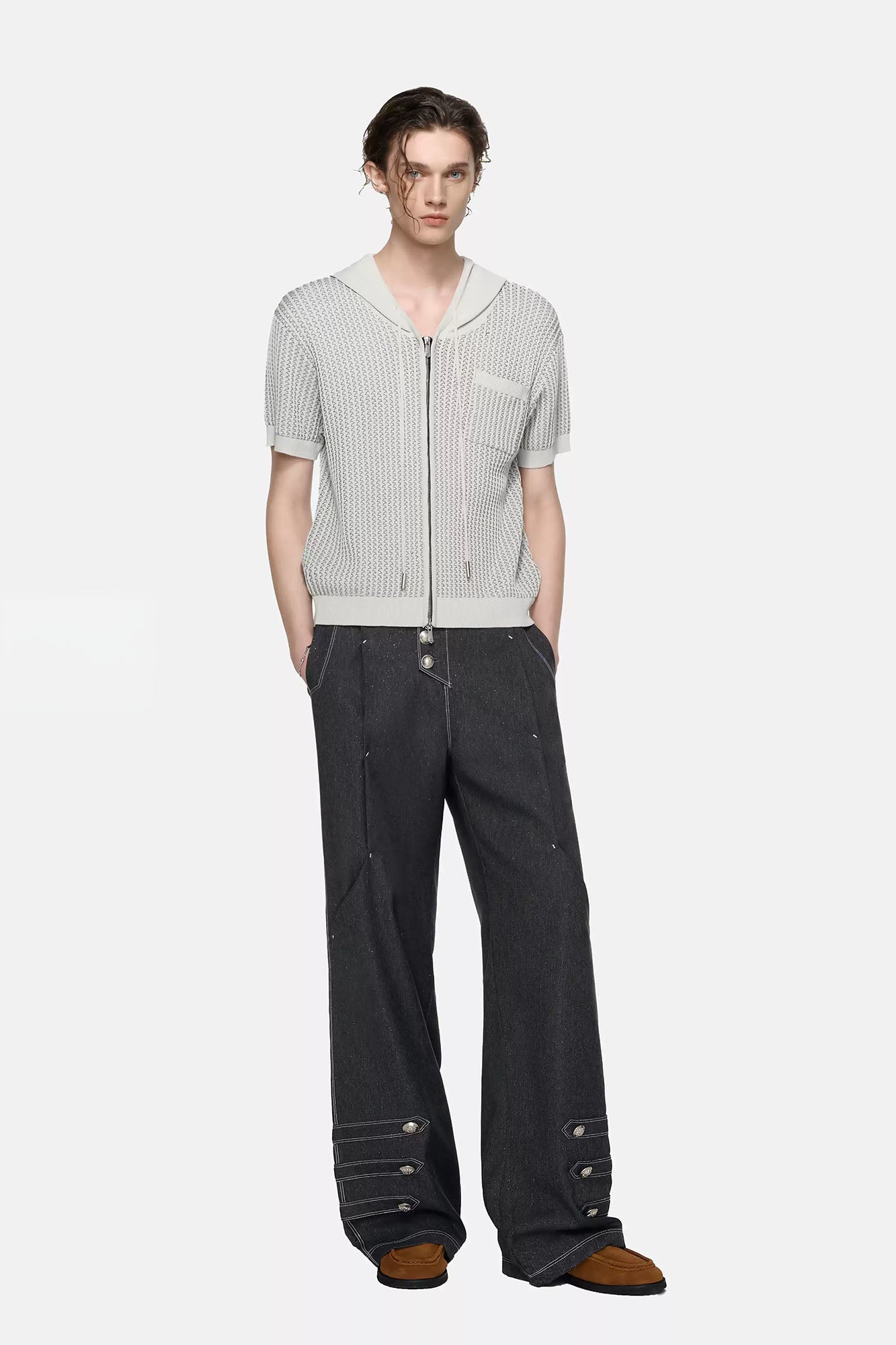 TIWILLTANG Asymmetrical Placket Stitched Wide-Leg Jeans, premium urban and streetwear designers apparel on PROJECTISR.com, TIWILLTANG