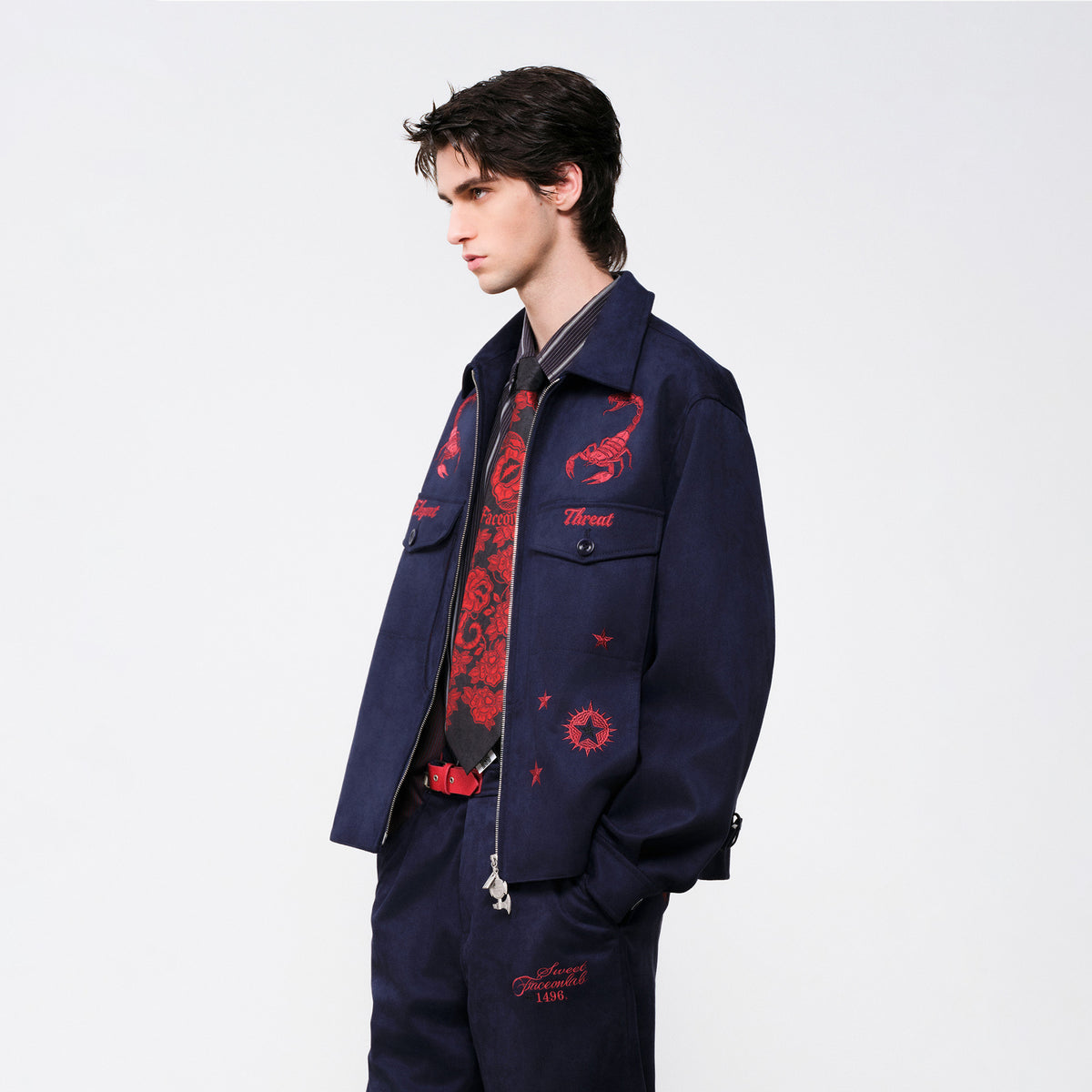 FACEONLAB Embroidered Faux Leather Jacket