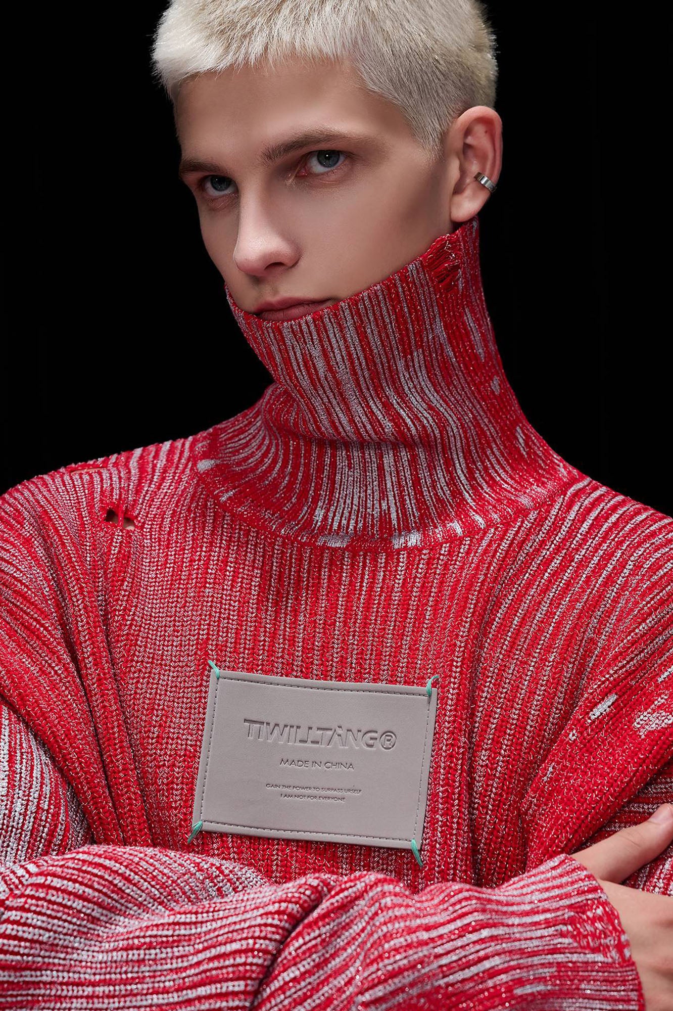 TIWILLTANG Distressed Foil High-Neck Sweater