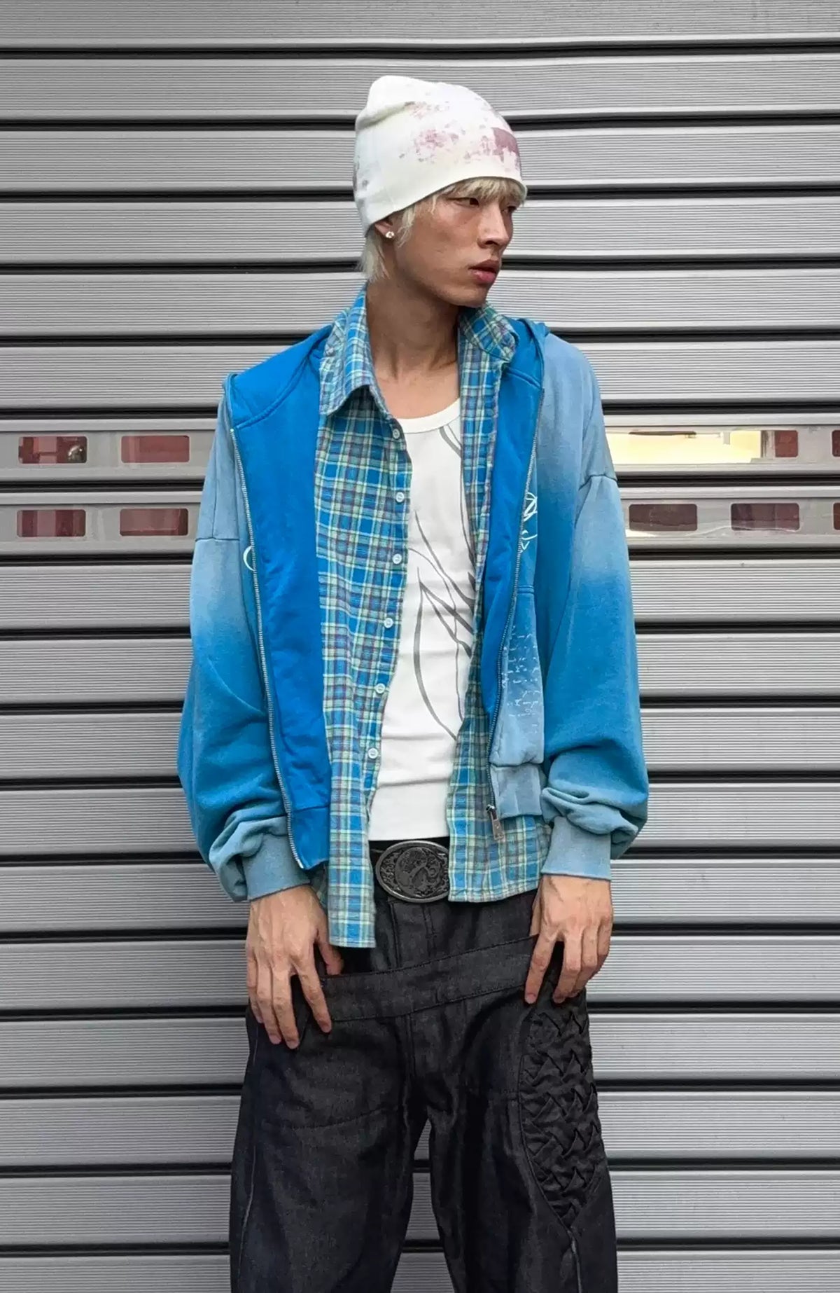 KLICK CLAK Washed Plaid-Spliced Zip-Up Hoodie