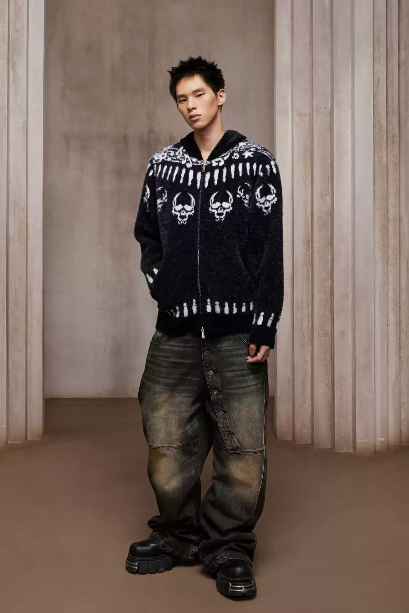 DND4DES Faux Mink Skull Jacquard Hooded Jacket