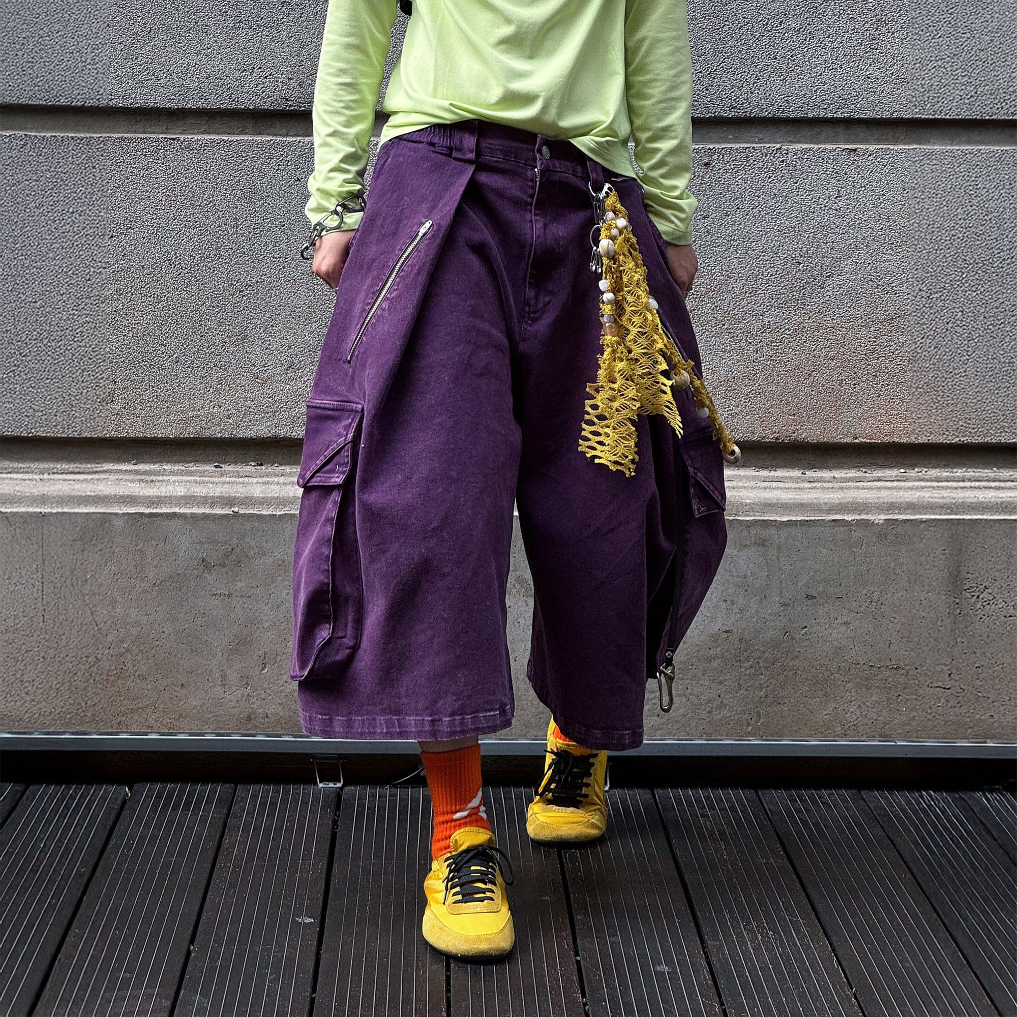 RELABEL Detachable Scarf Washed Multi-Pocket Wide-Leg Shorts Purple, premium urban and streetwear designers apparel on PROJECTISR.com, RELABEL