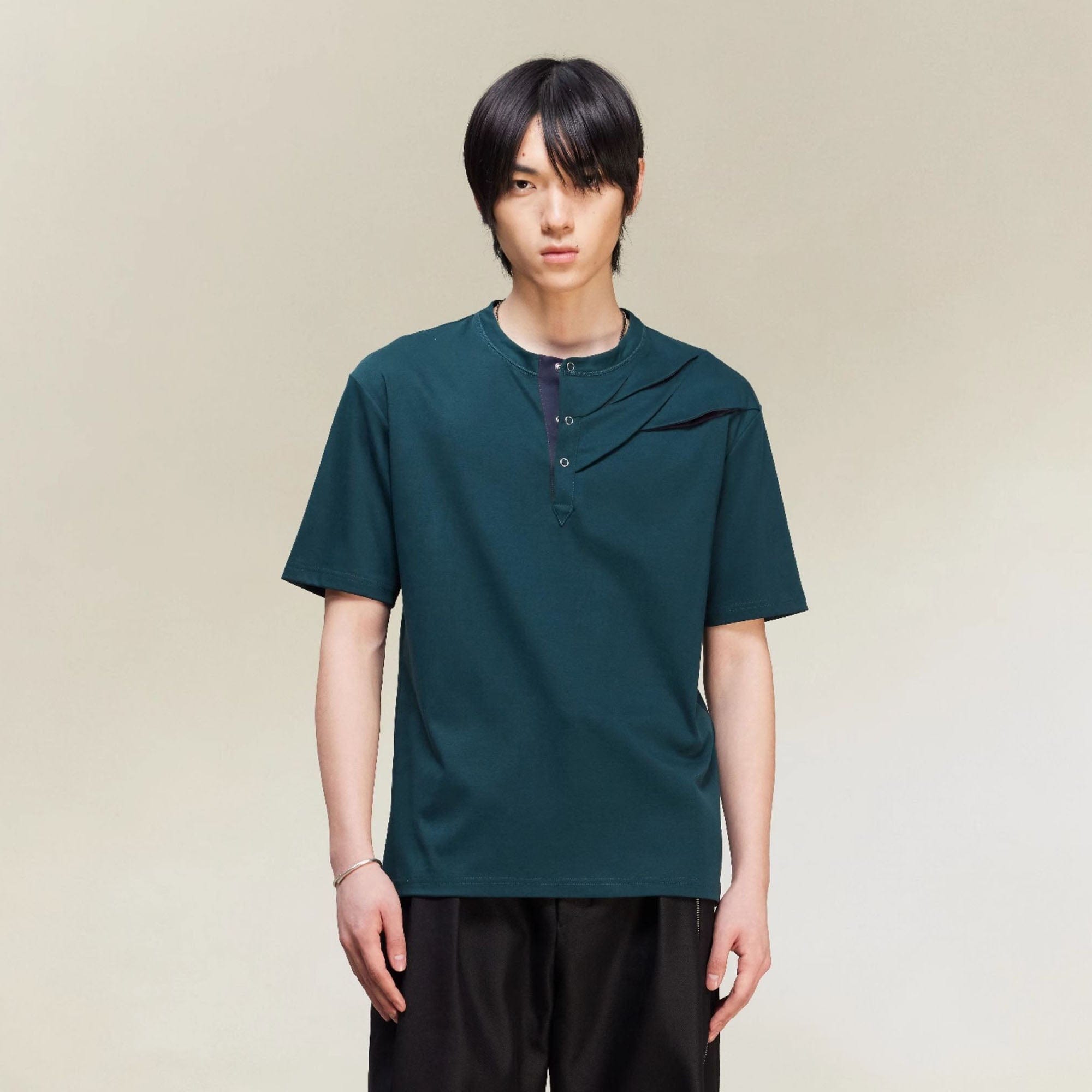 ALVNG AR ANTS Slash Pleated Shoulder Spliced Henley T-Shirt, premium urban and streetwear designers apparel on PROJECTISR.com, ALVNG AR ANTS