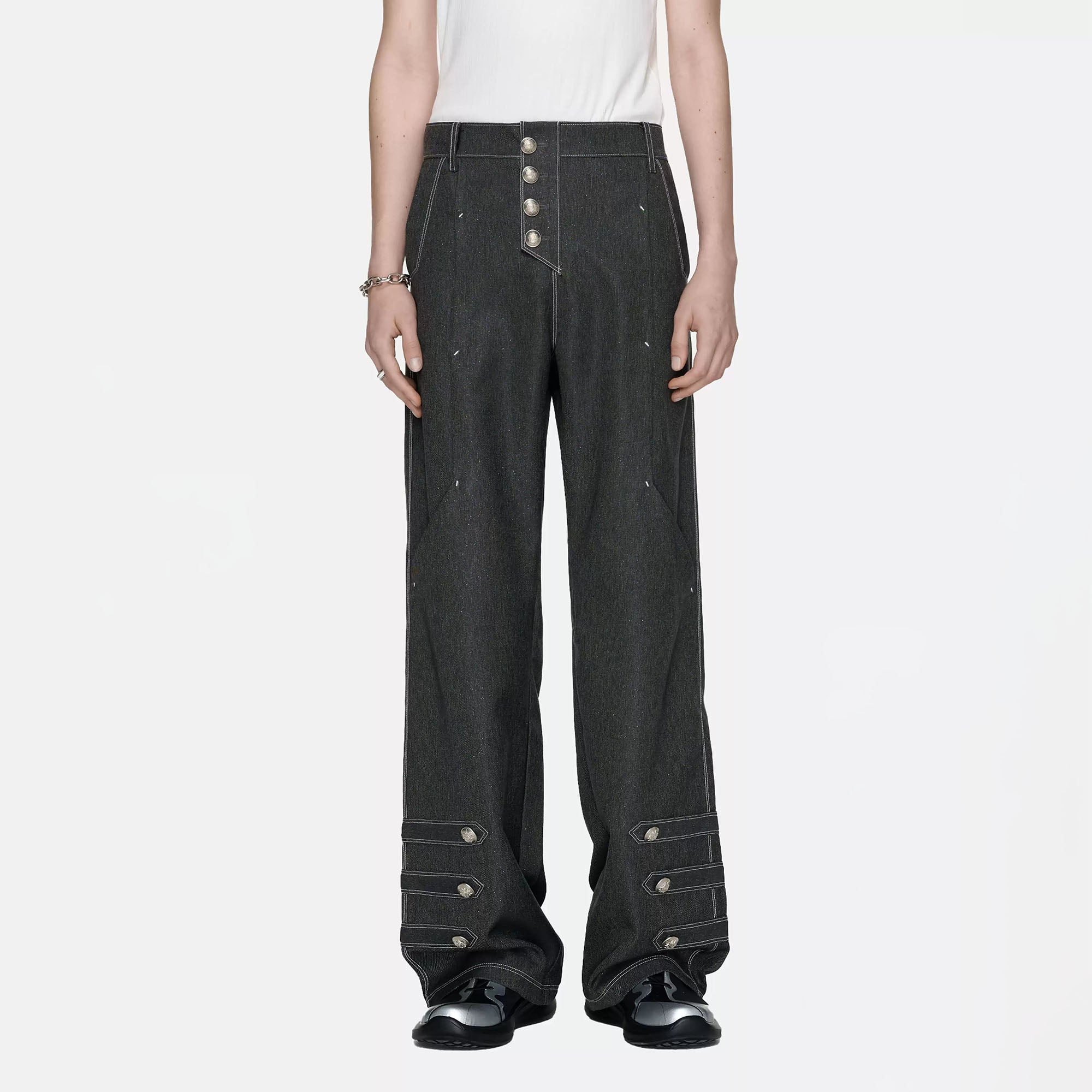 TIWILLTANG Asymmetrical Placket Stitched Wide-Leg Jeans, premium urban and streetwear designers apparel on PROJECTISR.com, TIWILLTANG