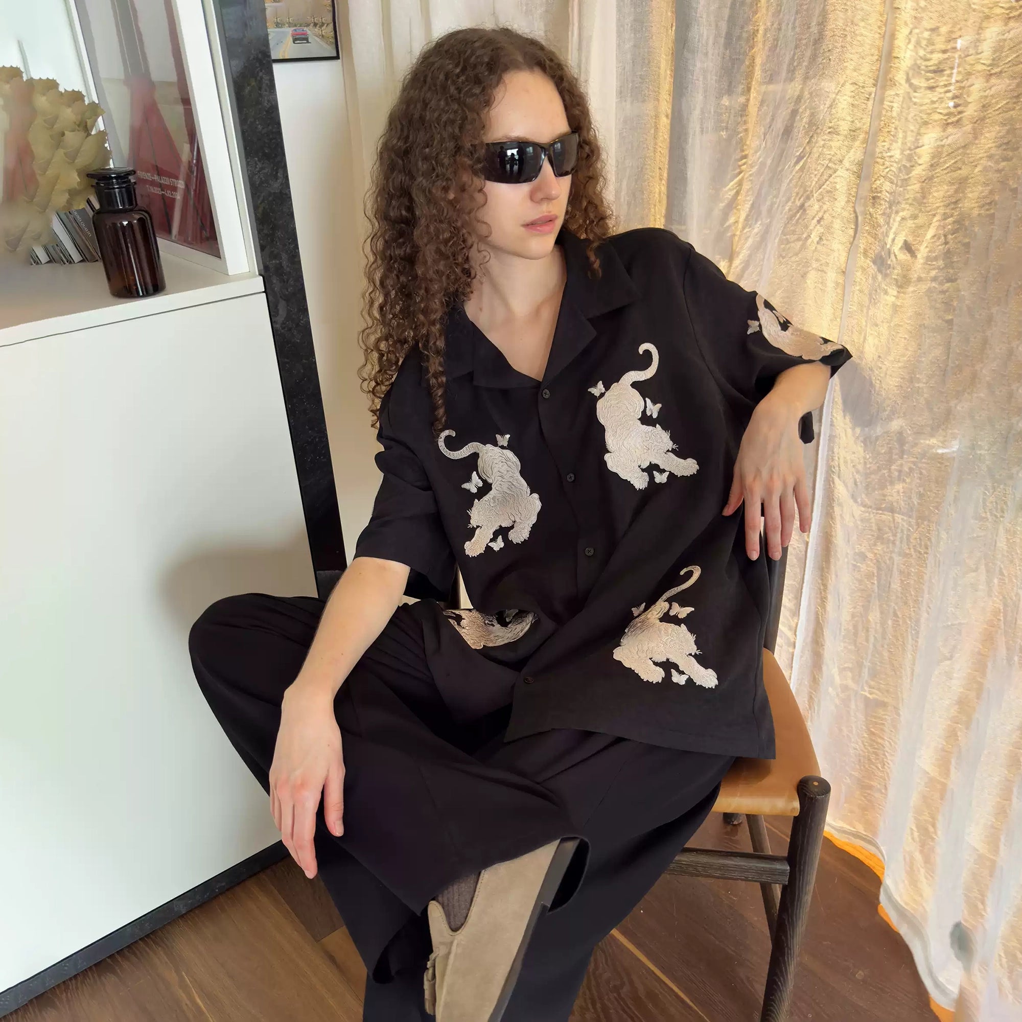 MIICHOUS Tiger Butterfly Embroidered Satin Half Shirt, premium urban and streetwear designers apparel on PROJECTISR.com, MIICHOUS