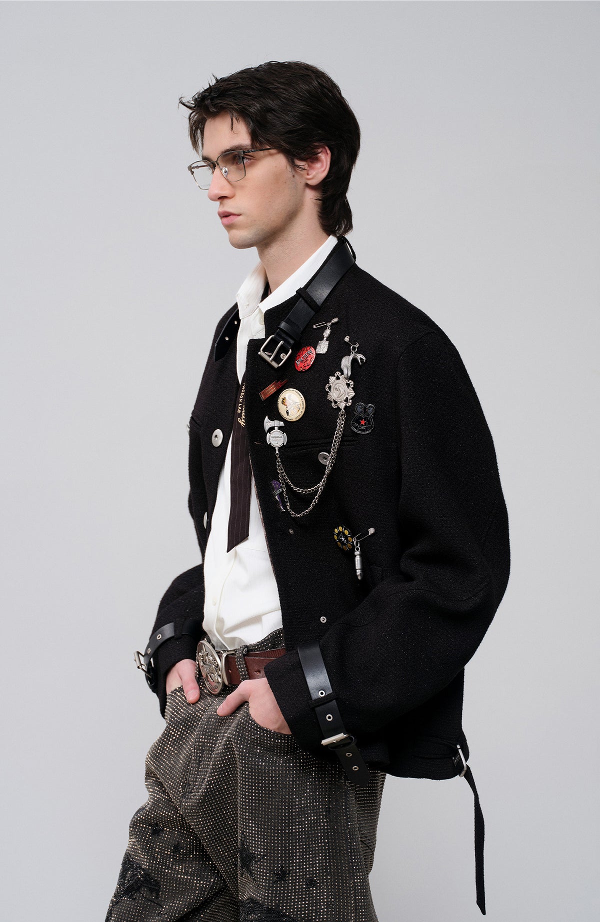 FACEONLAB Leather-Collar Medal Embellished Jacket