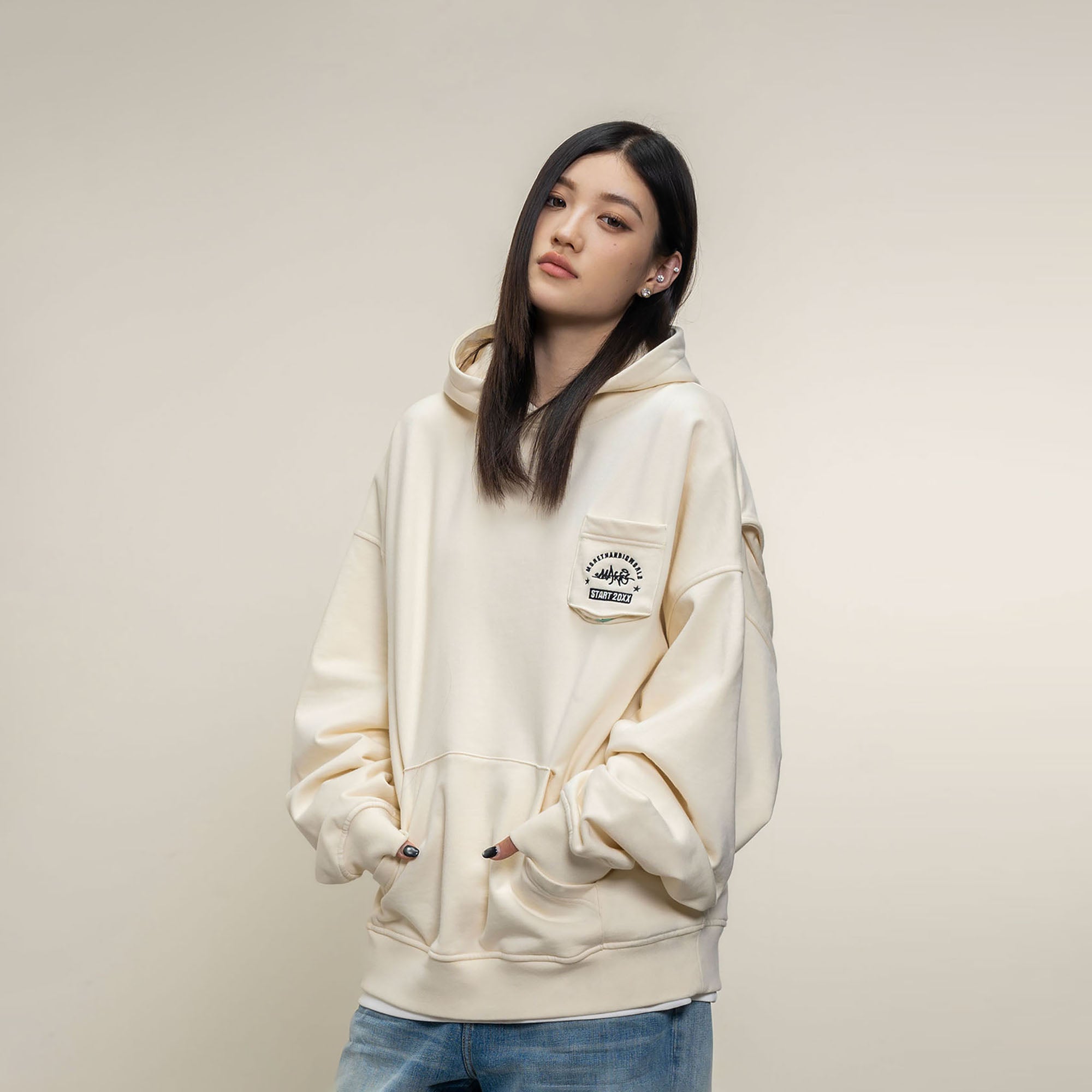 MAKEMORE Faux-Layer Embroidered Pocket Hoodie, premium urban and streetwear designers apparel on PROJECTISR.com, MAKEMORE
