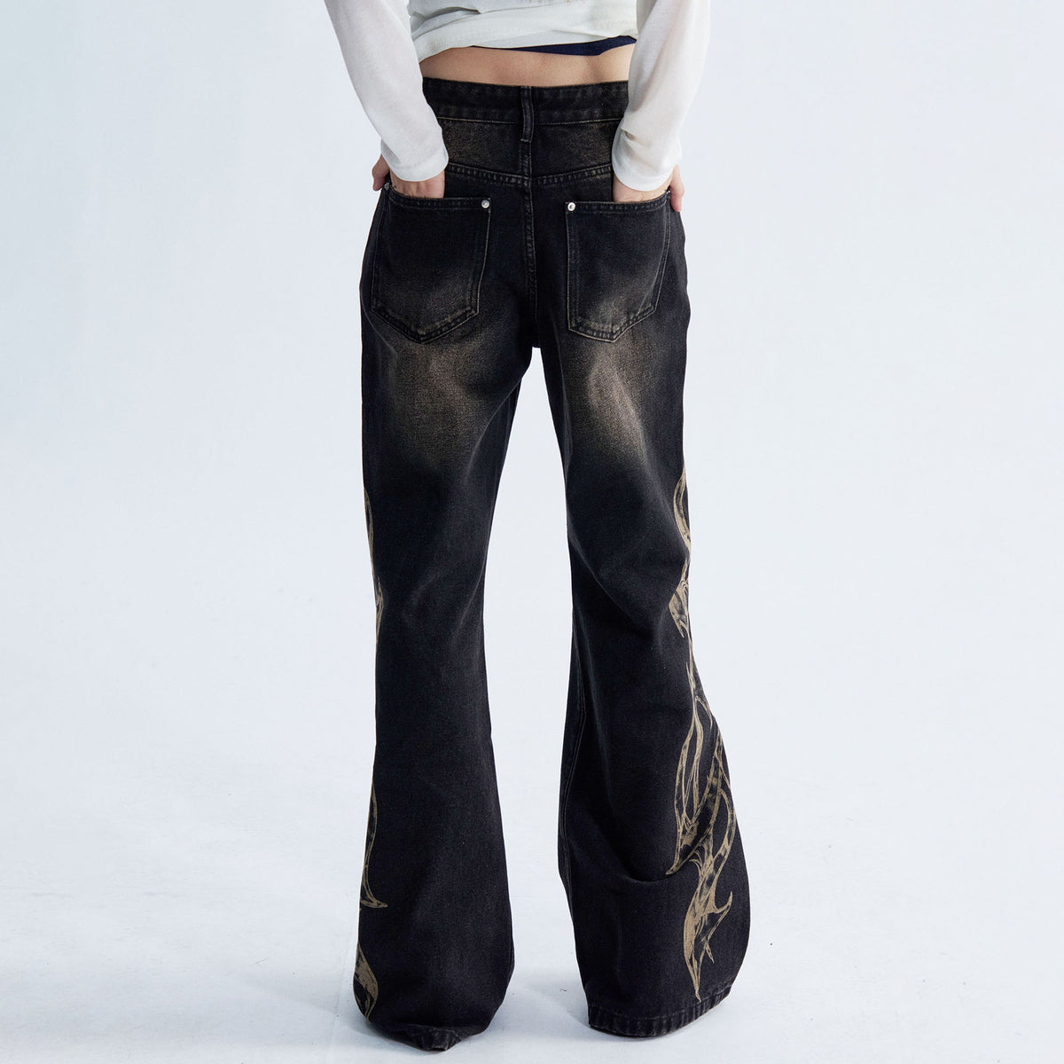PAIKI Flame Totem Rivet Washed Straight-Leg Jeans