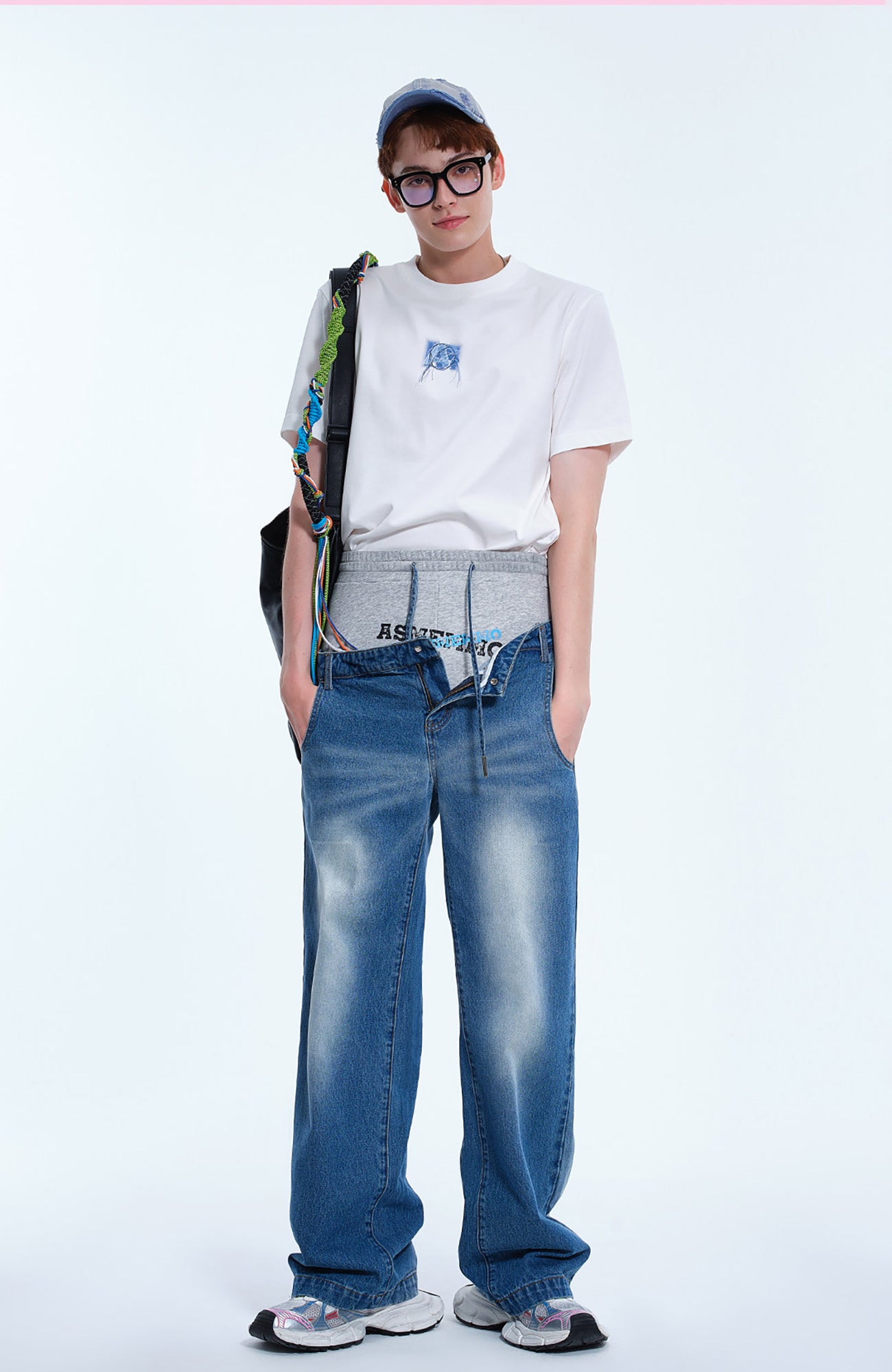 TIWILLTANG Layered Sweatband Washed Denim Pants