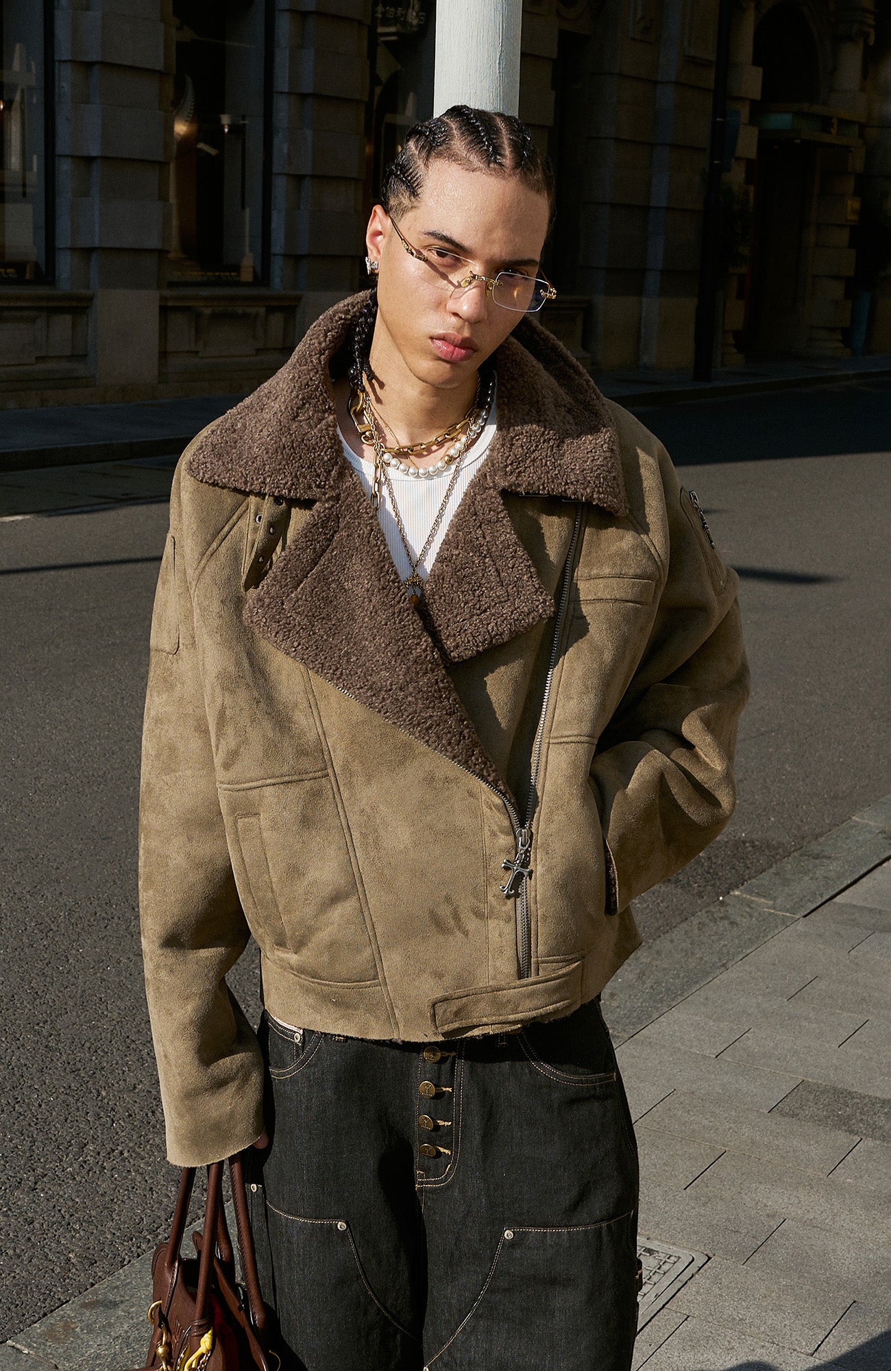 STEEPC Asym Zip Suede Shearling Jacket