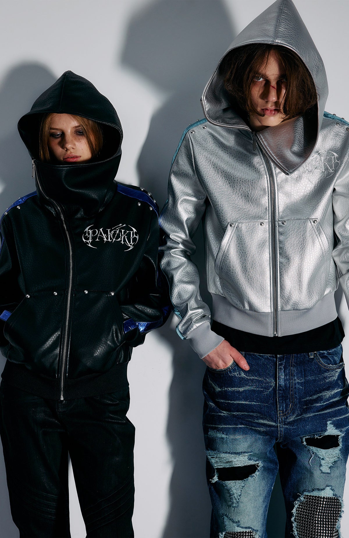 PAIKI Embroidered Studded Zip-Up Hooded Faux Leather Jacket