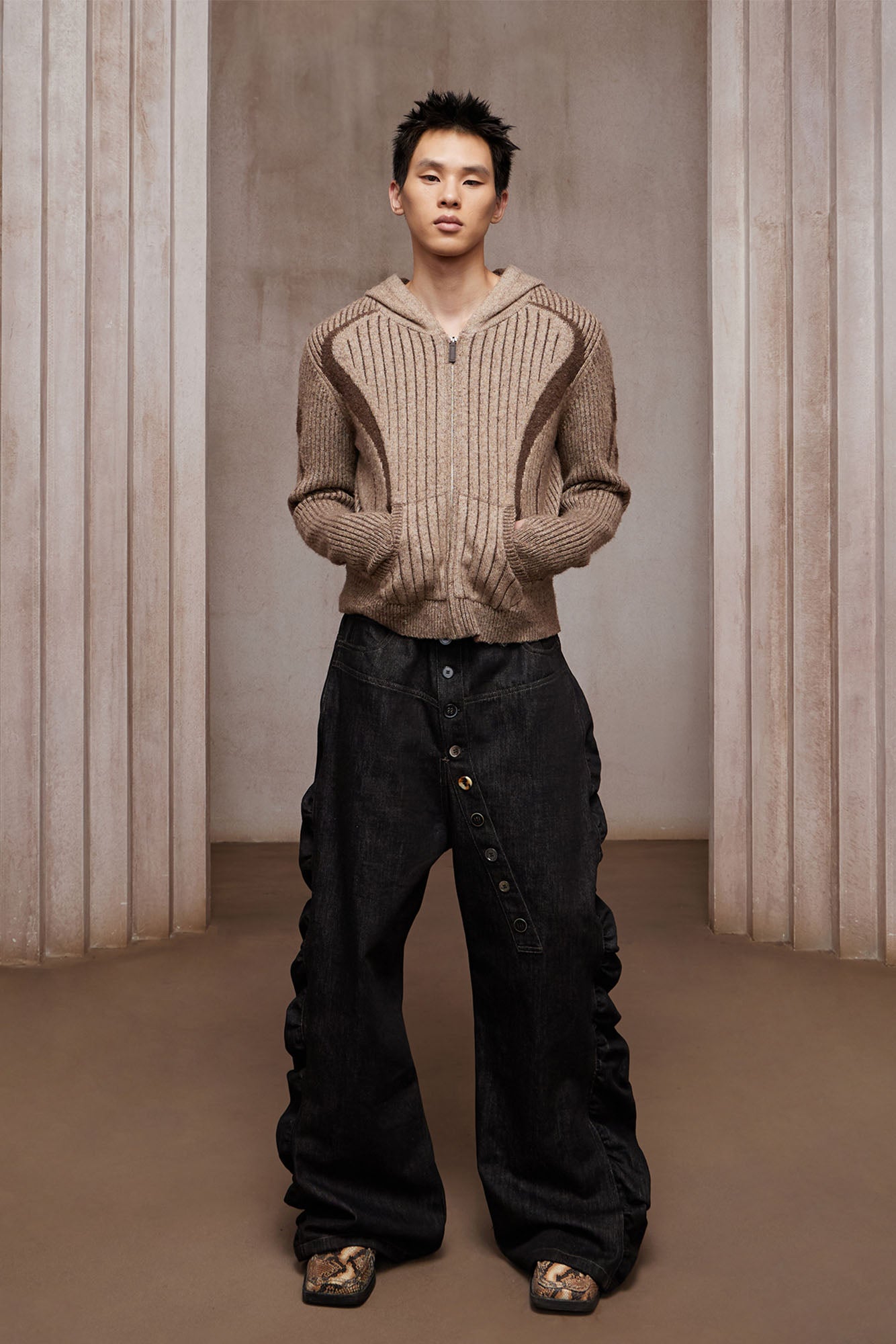 DND4DES Contrast Wool-Blend Hooded Zip Cardigan