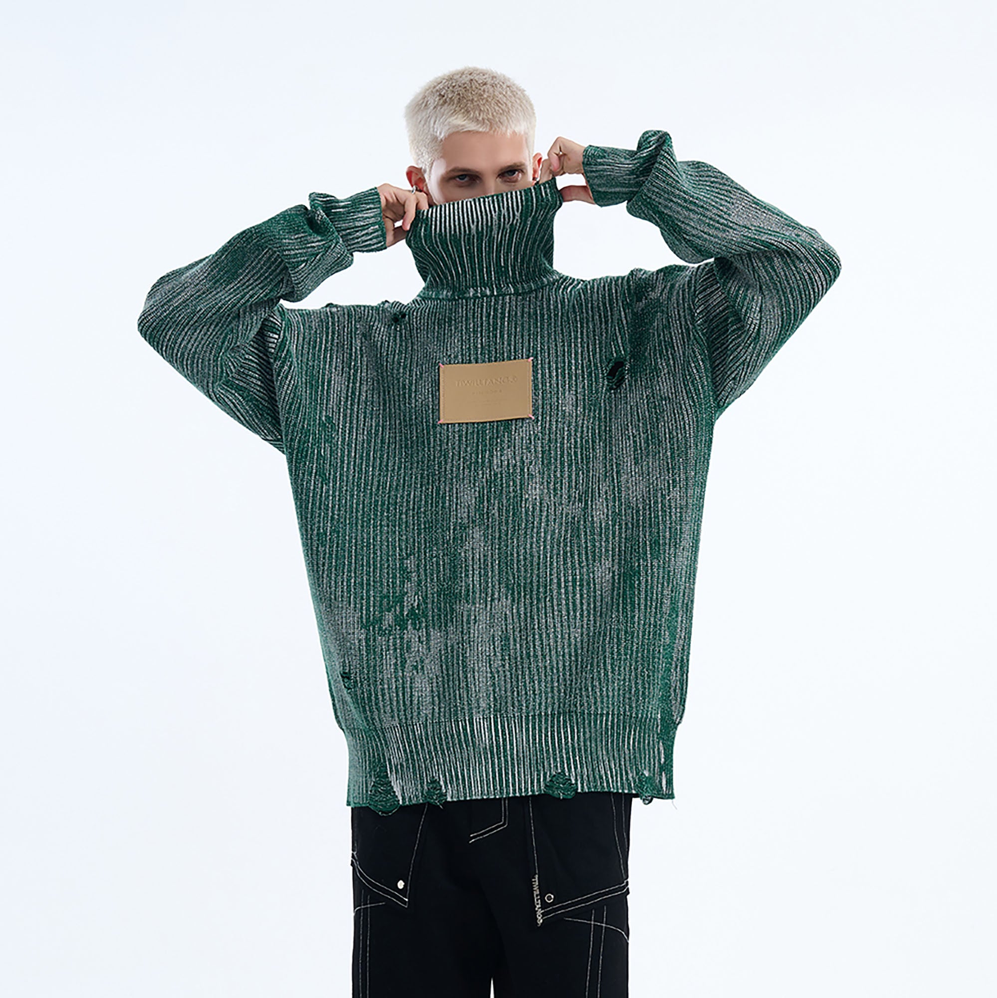 TIWILLTANG Distressed Foil High-Neck Sweater