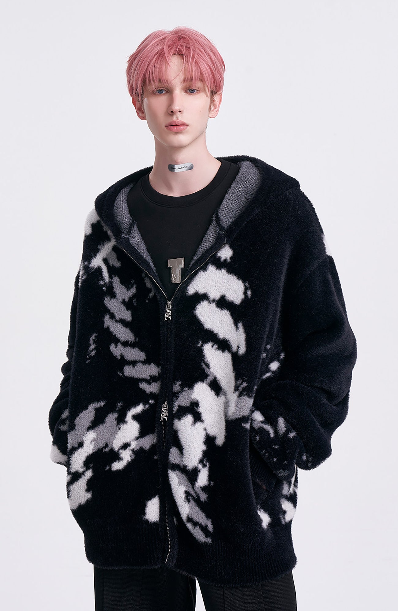 TIWILLTANG Contrast Jacquard Fuzzy Hooded Jacket