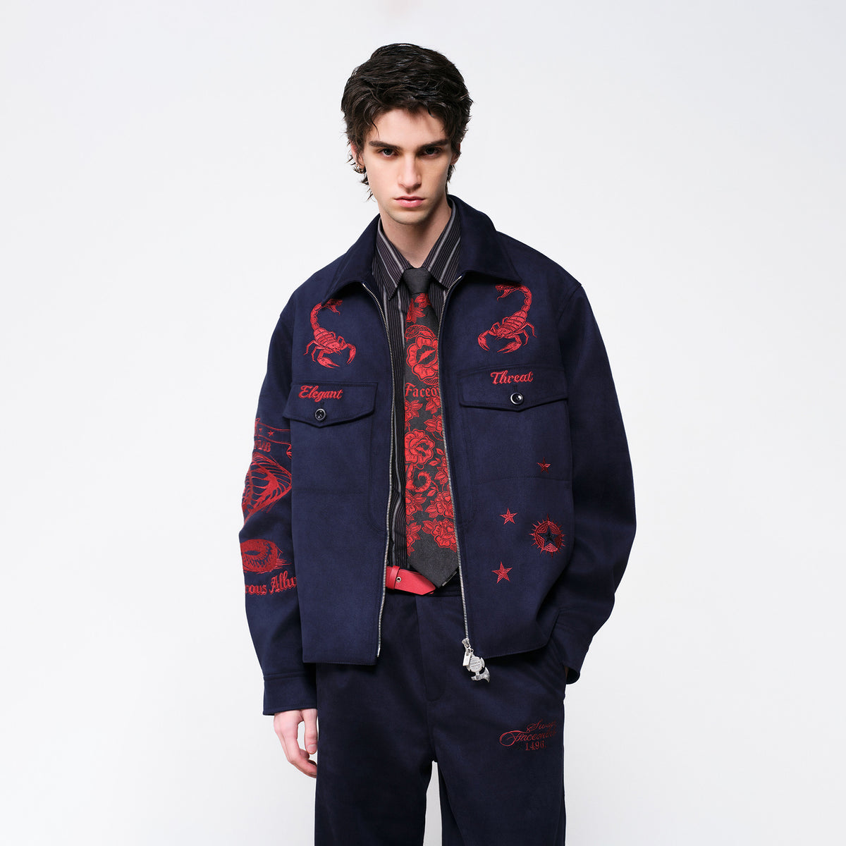 FACEONLAB Embroidered Faux Leather Jacket