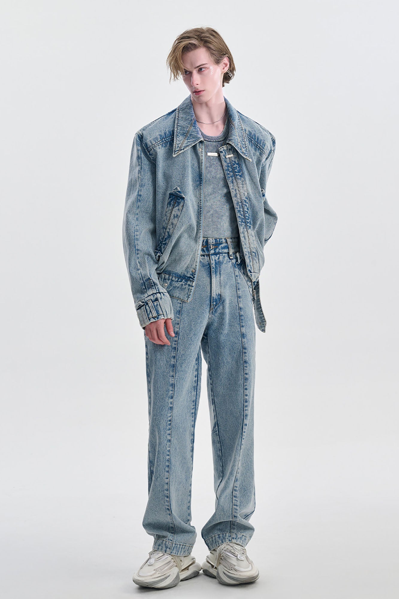 TIWILLTANG Washed Middle Panel Straight-Leg Jeans