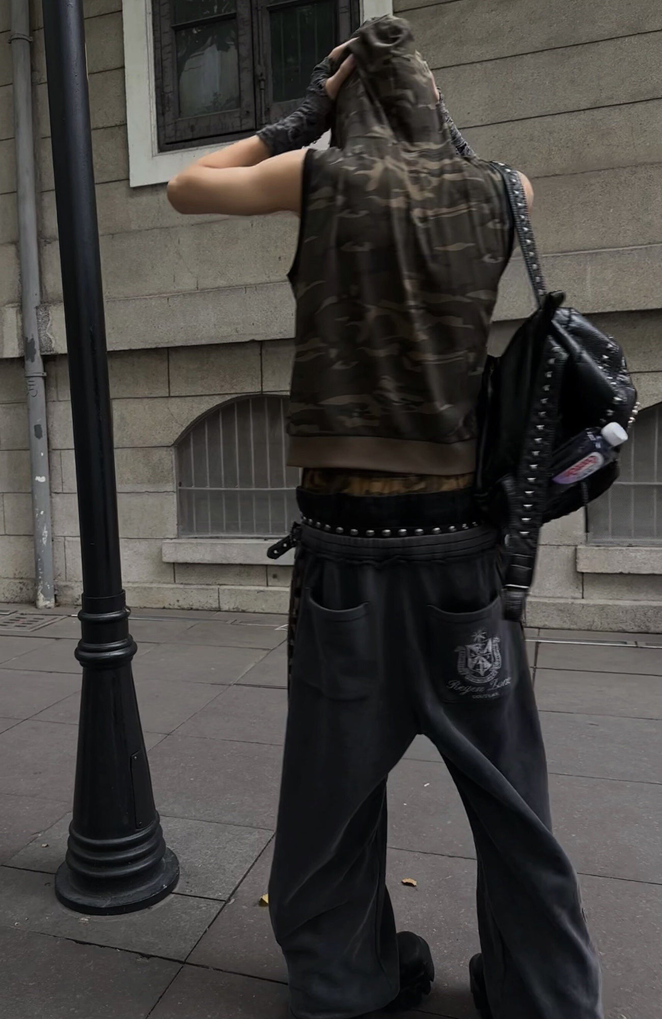 REGEN ZONE Spliced Leopard Camo Striped Sweatpants