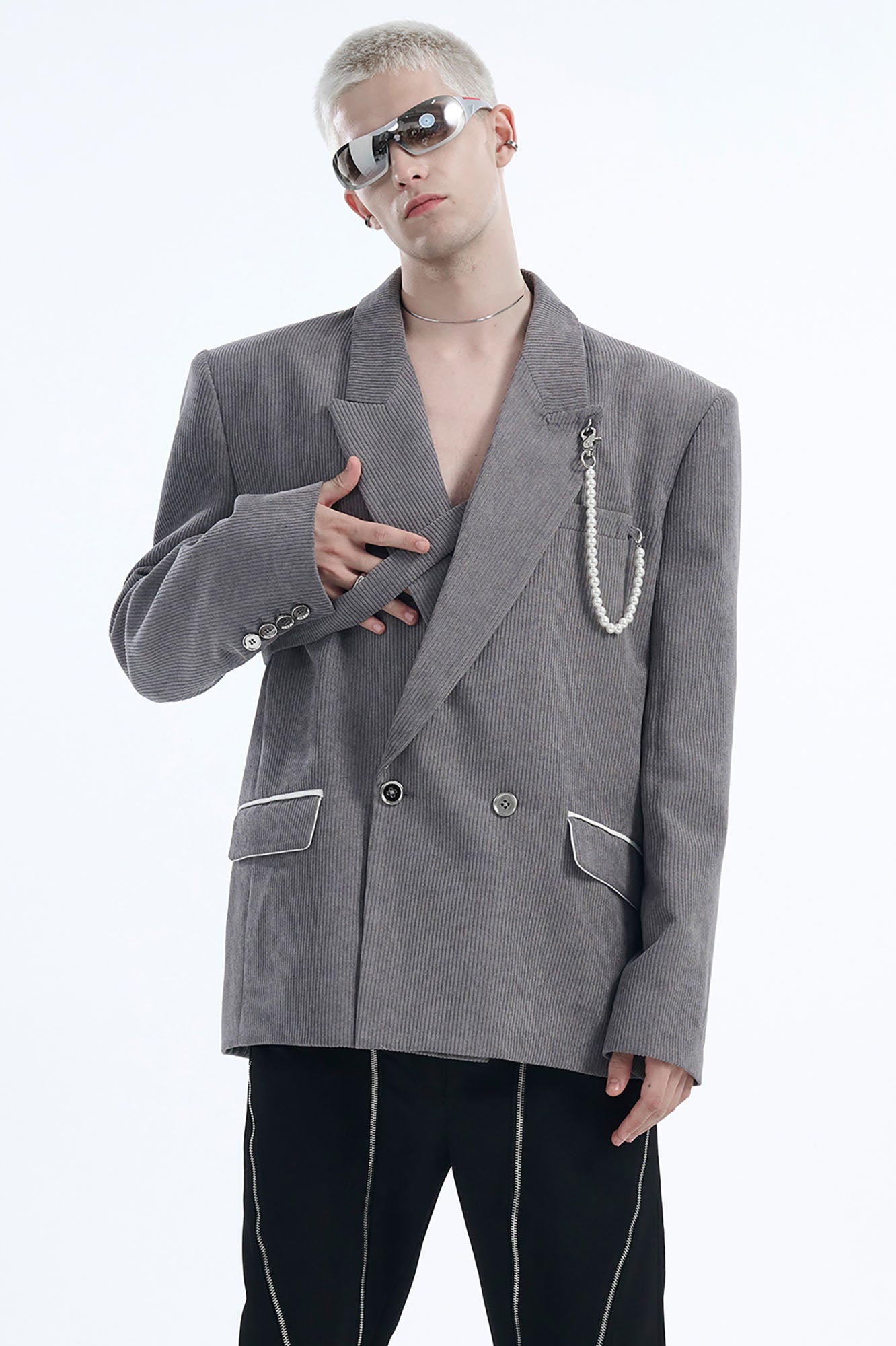 TIWILLTANG Asymmetrical Strap Pearl-Chain Corduroy Blazer