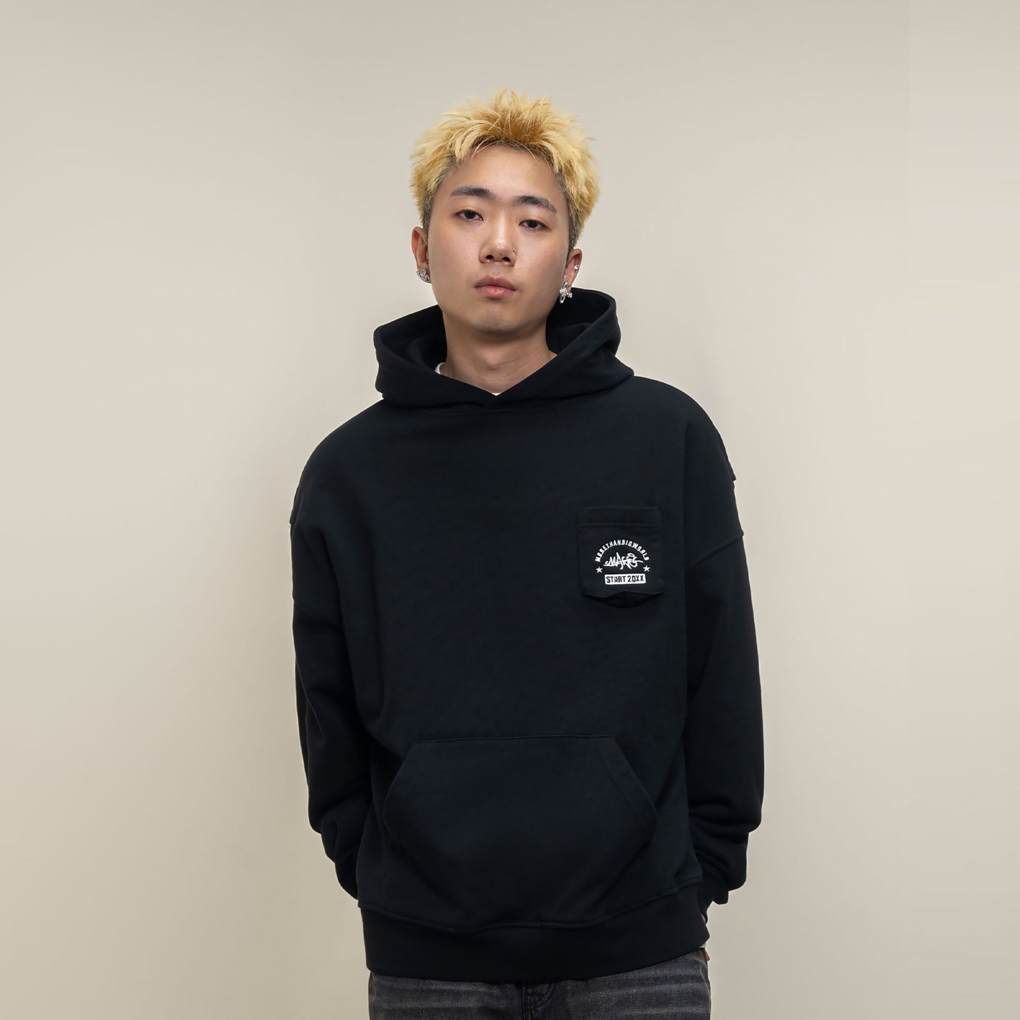 MAKEMORE Faux-Layer Embroidered Pocket Hoodie, premium urban and streetwear designers apparel on PROJECTISR.com, MAKEMORE