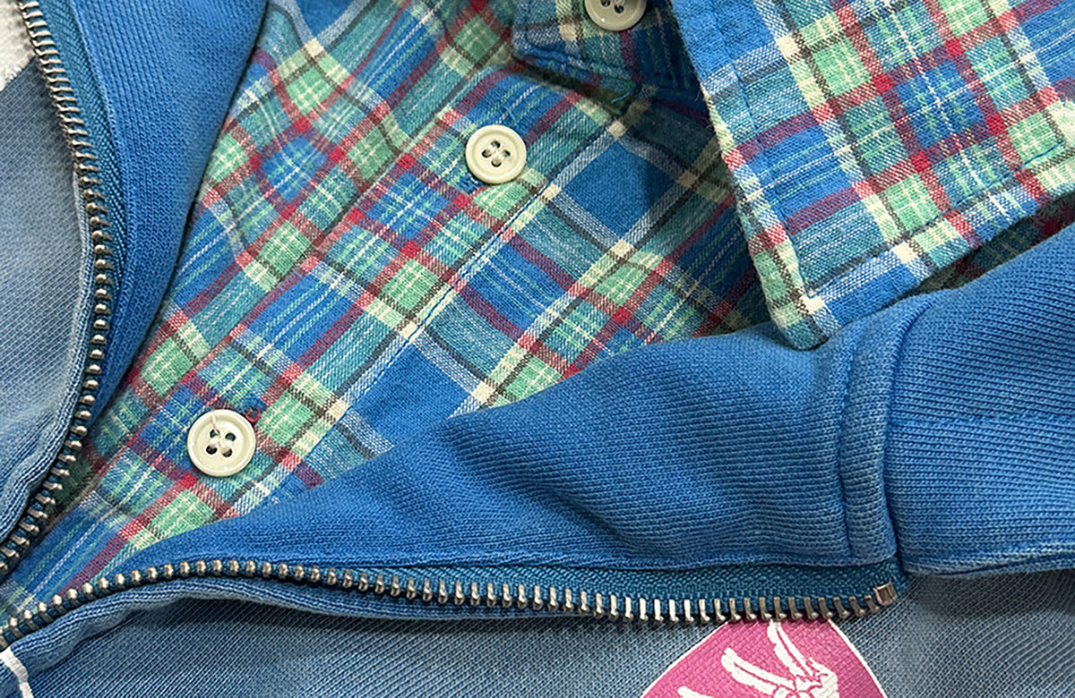 KLICK CLAK Washed Plaid-Spliced Zip-Up Hoodie