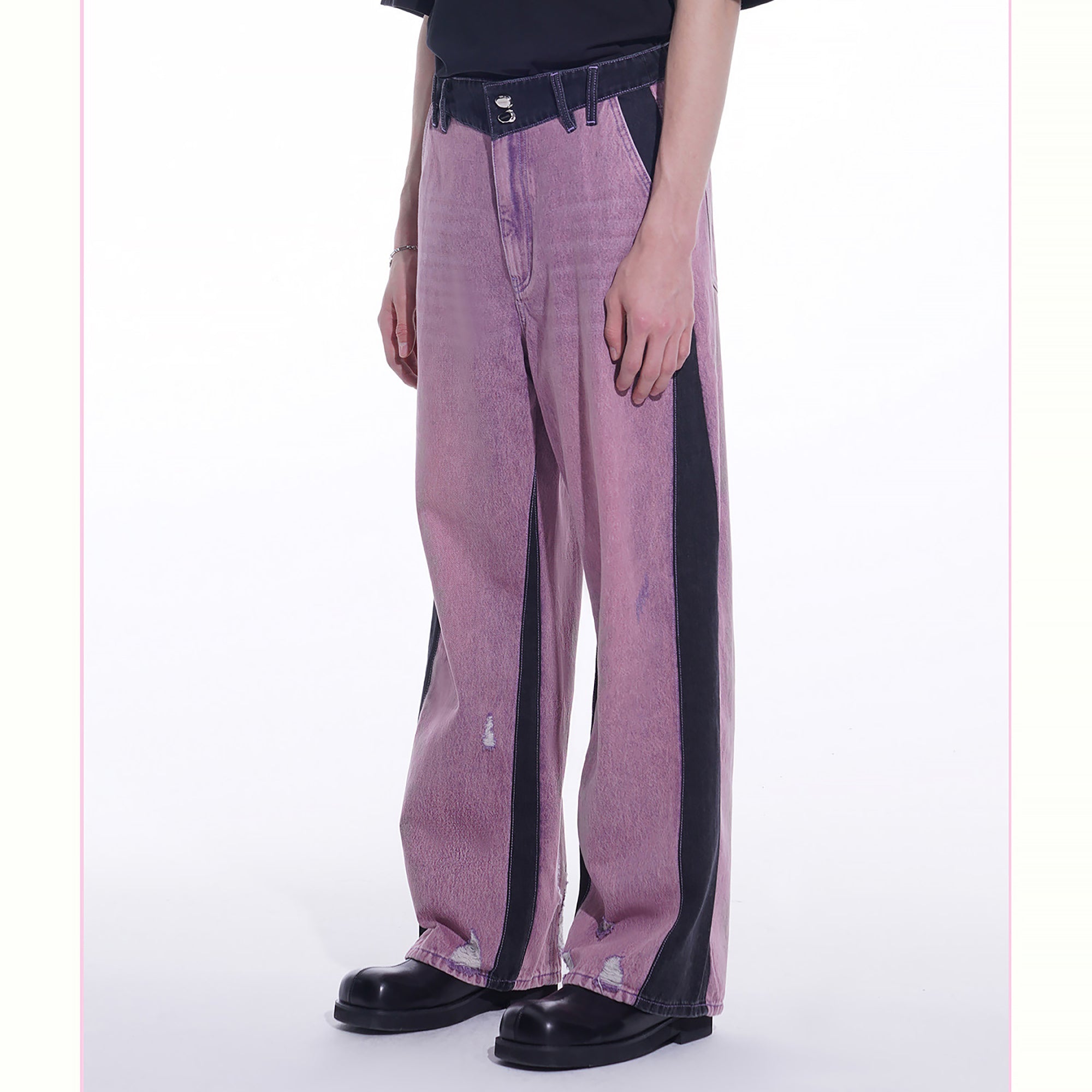 TIWILLTANG Distressed Contrast Paneled Wide-Leg Jeans, premium urban and streetwear designers apparel on PROJECTISR.com, TIWILLTANG