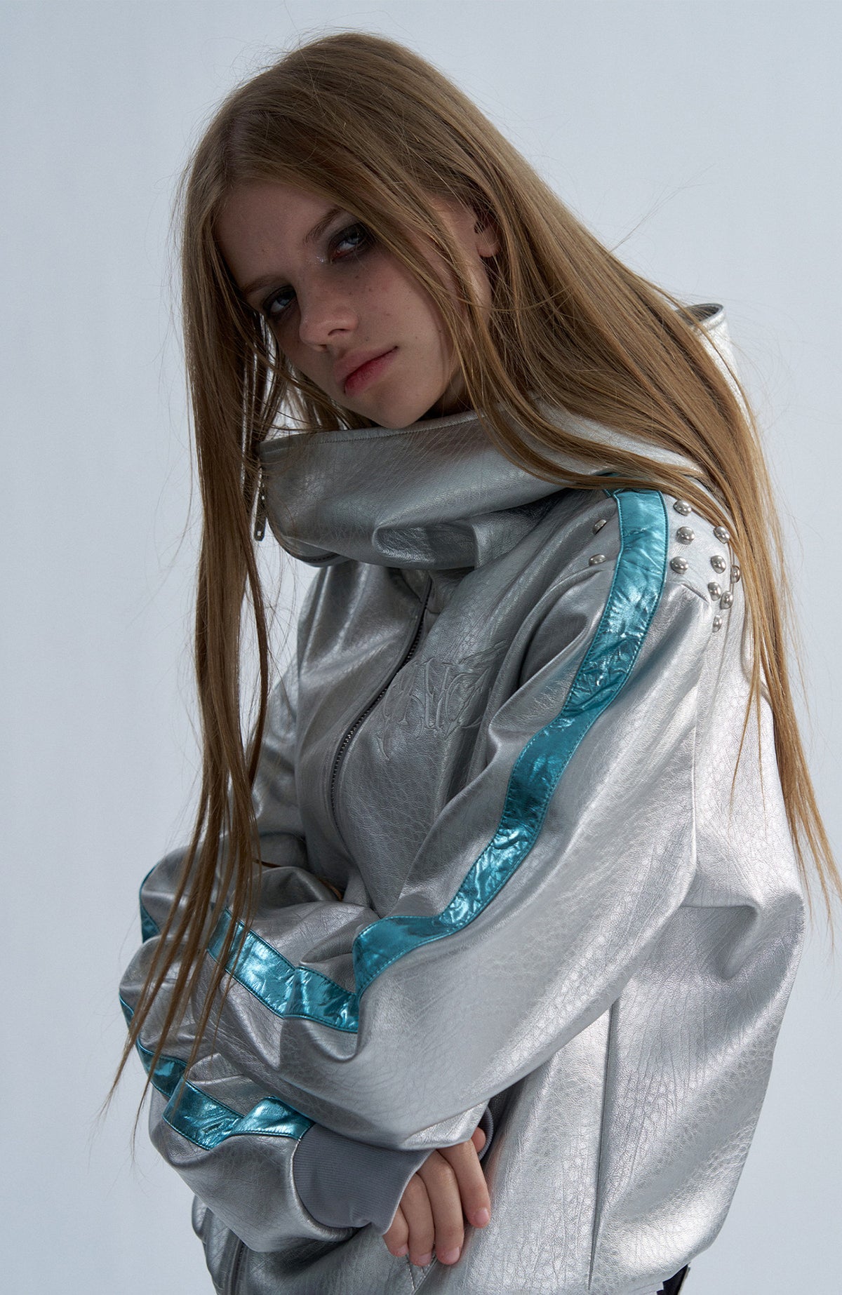 PAIKI Embroidered Studded Zip-Up Hooded Faux Leather Jacket