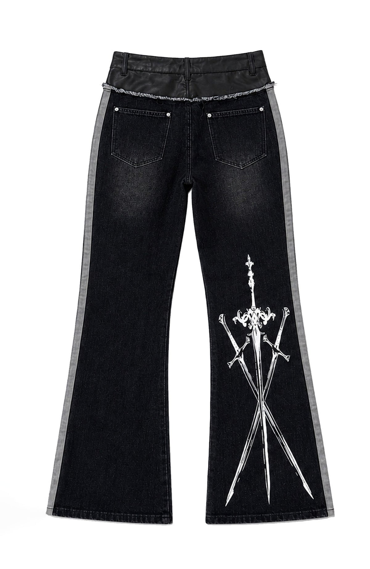 PAIKI Totem Graphic Spliced Faux Fur Frayed Washed Flared Jeans