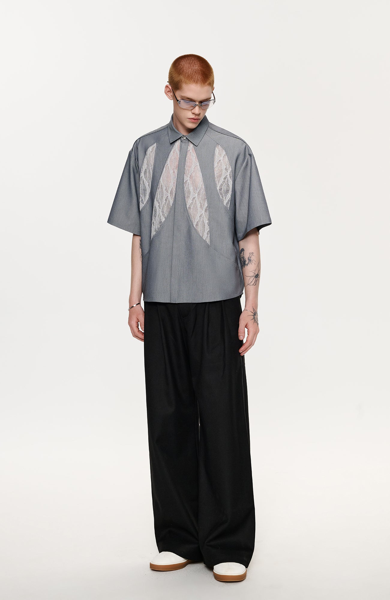 TIWILLTANG Leaf Lace Paneled Half Shirt