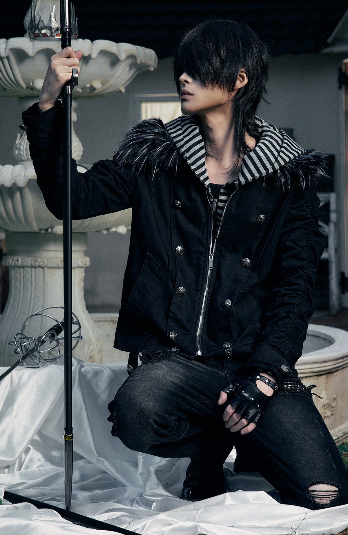 PAIKI Detachable Fur-Collar Canvas Double-Breasted Jacket