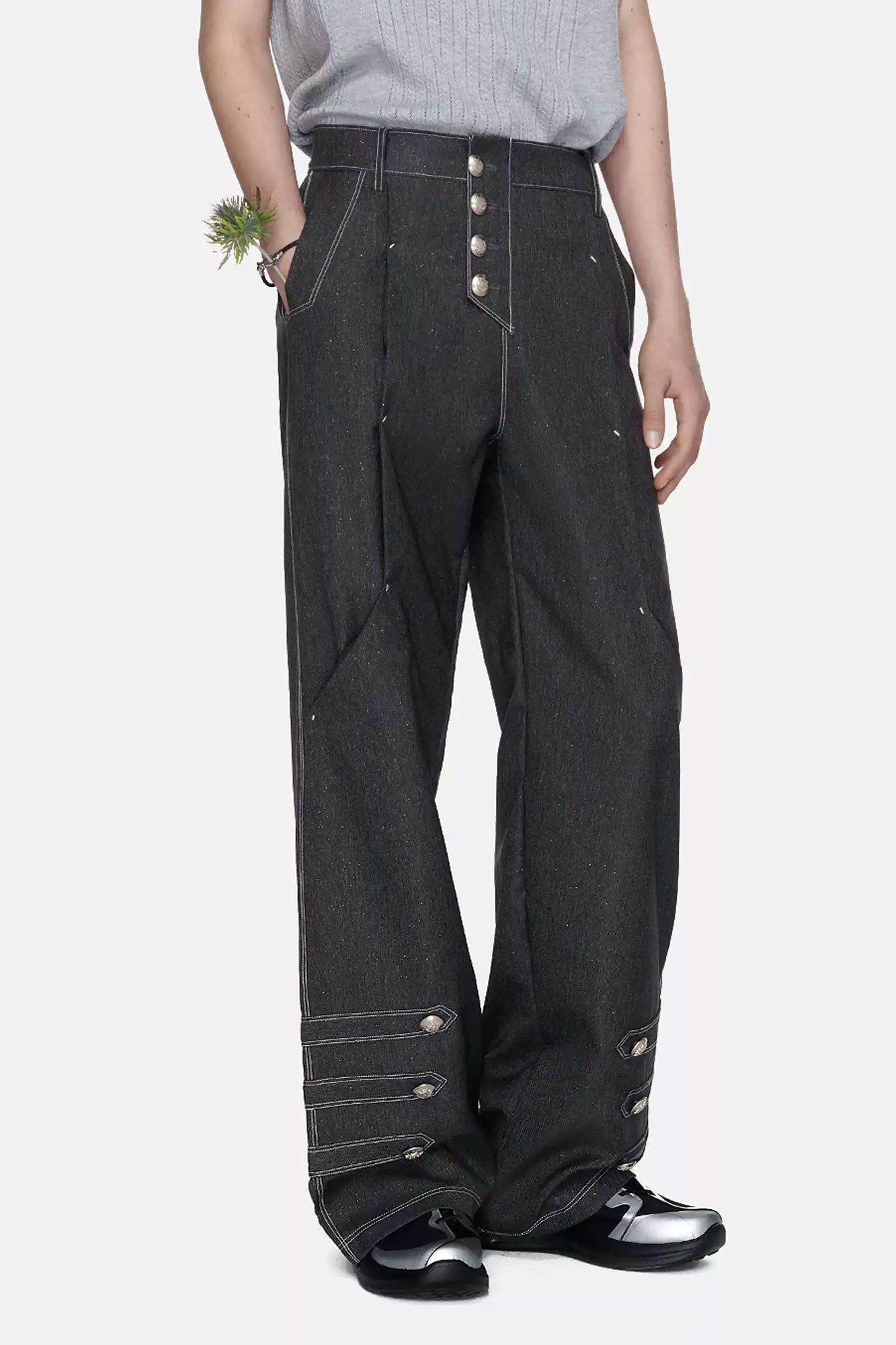TIWILLTANG Asymmetrical Placket Stitched Wide-Leg Jeans, premium urban and streetwear designers apparel on PROJECTISR.com, TIWILLTANG