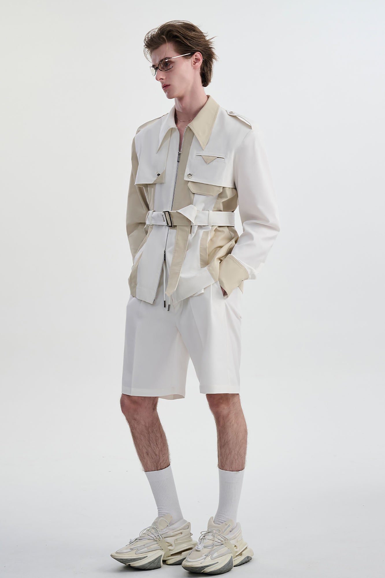 TIWILLTANG Contrast Deconstructed Belted Zip-Up Shirt