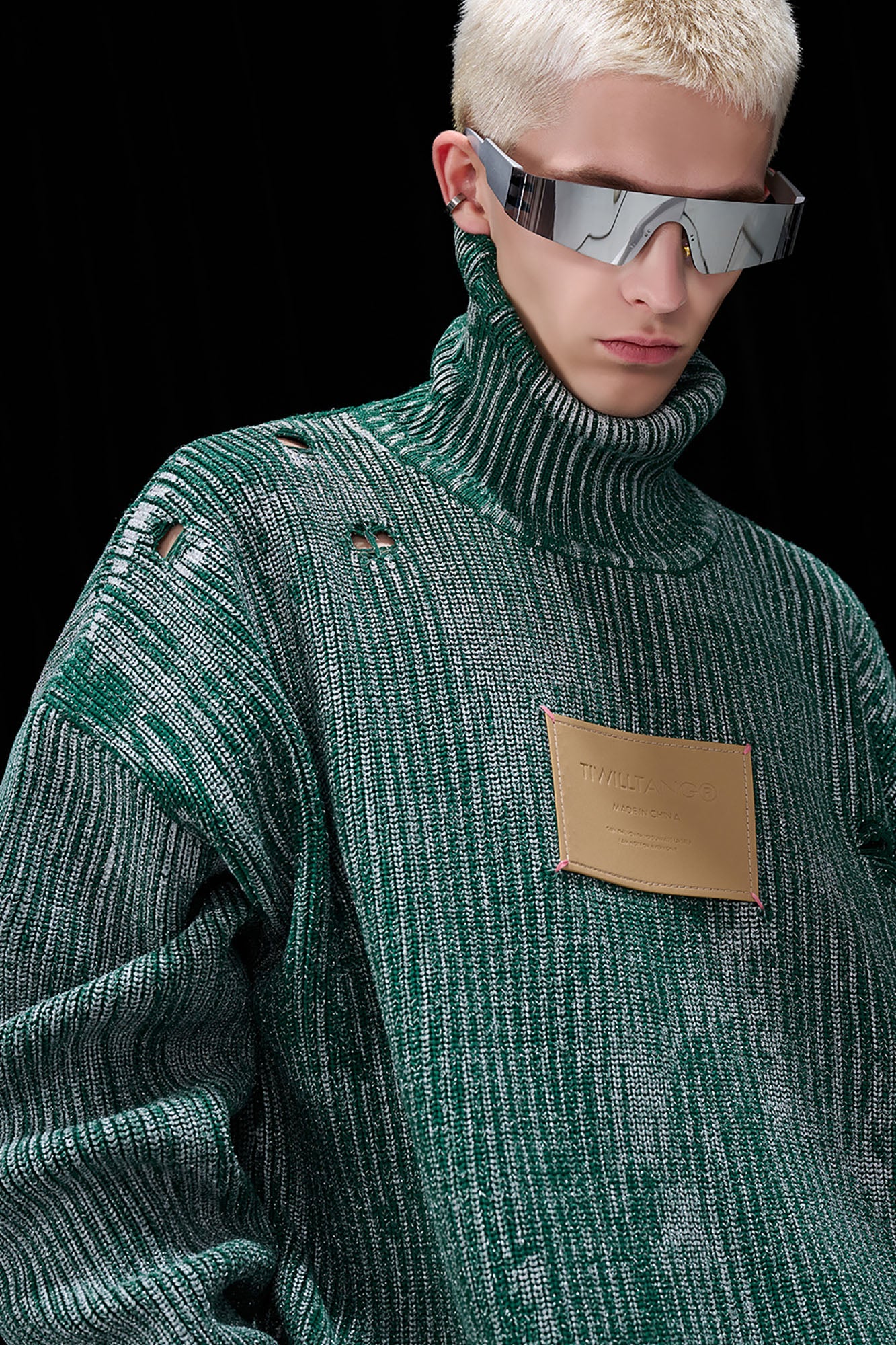 TIWILLTANG Distressed Foil High-Neck Sweater