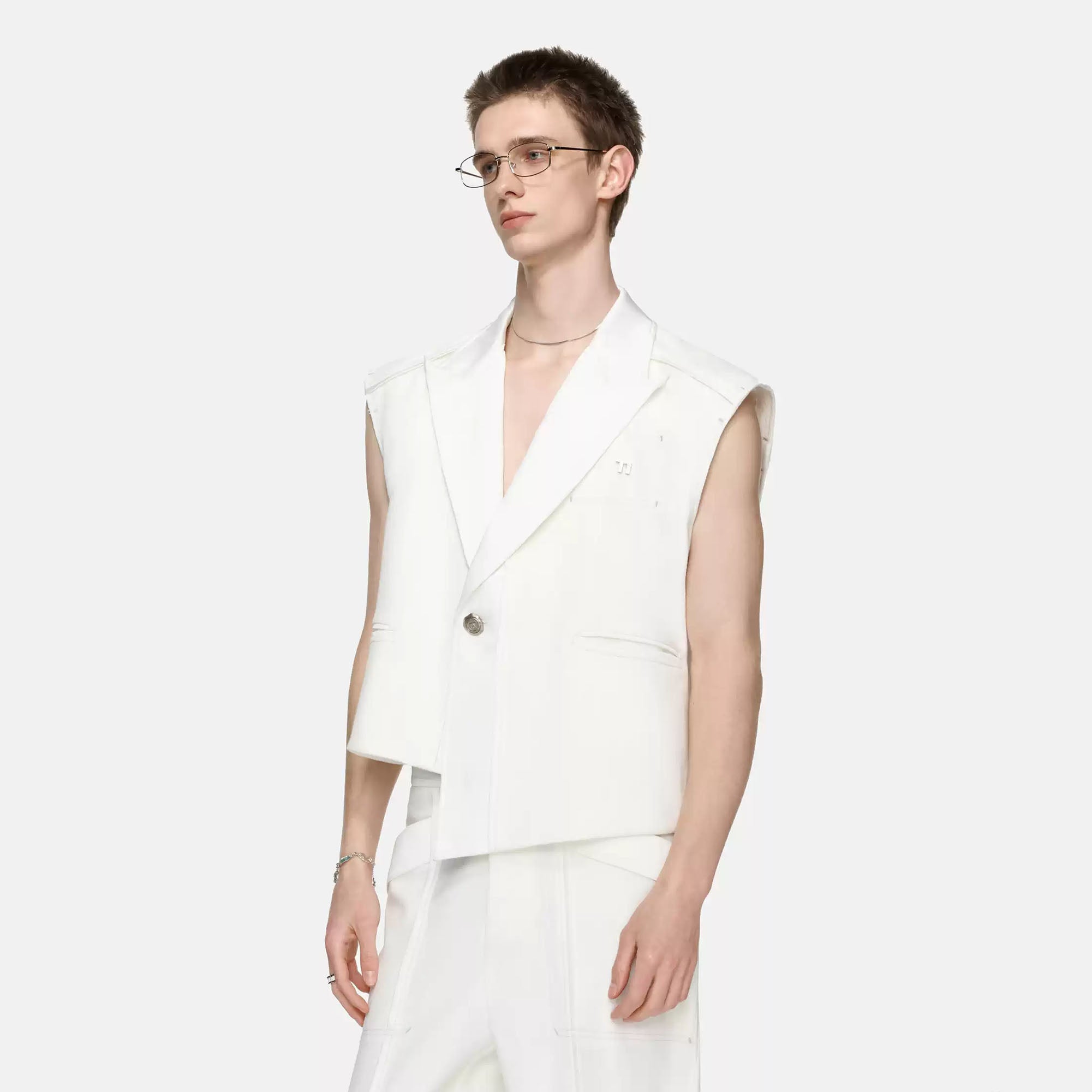 TIWILLTANG Asymmetrical Lapel Vest White, premium urban and streetwear designers apparel on PROJECTISR.com, TIWILLTANG