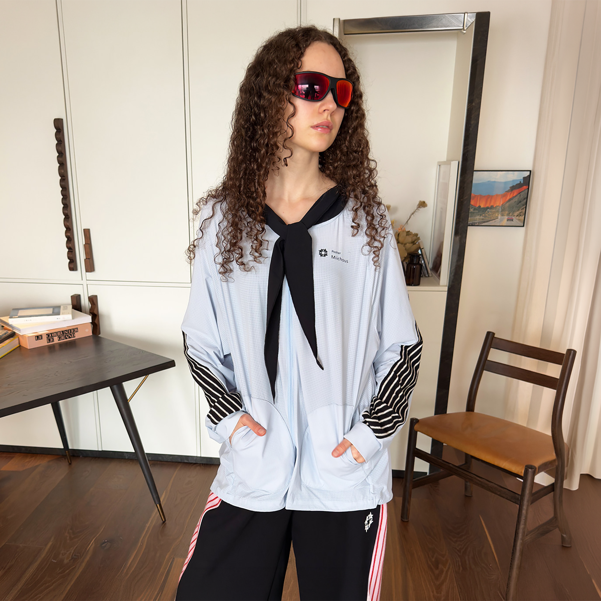 MIICHOUS Contrast Stripes Hooded Tie-Neck UV Protection Jacket, premium urban and streetwear designers apparel on PROJECTISR.com, MIICHOUS
