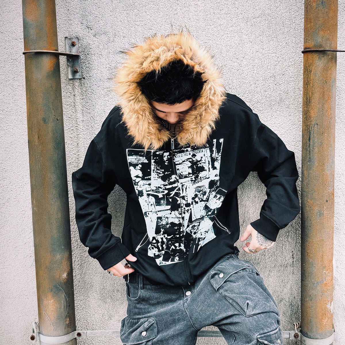 PAIKI Retro Band Graphic Faux Fur Collar Zip-Up Hoodie