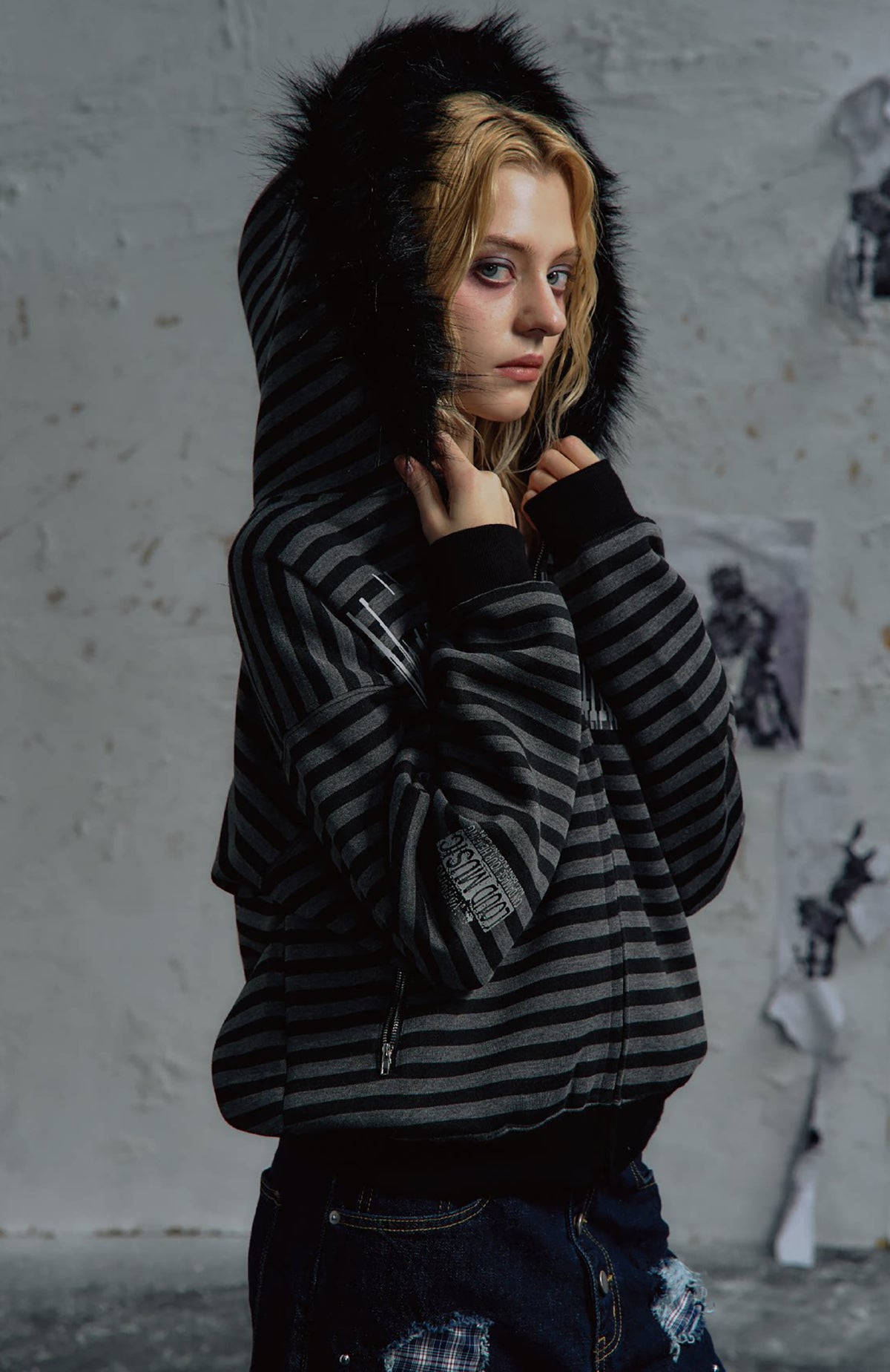 PAIKI Striped Ribbed Hooded Cardigan Sweater